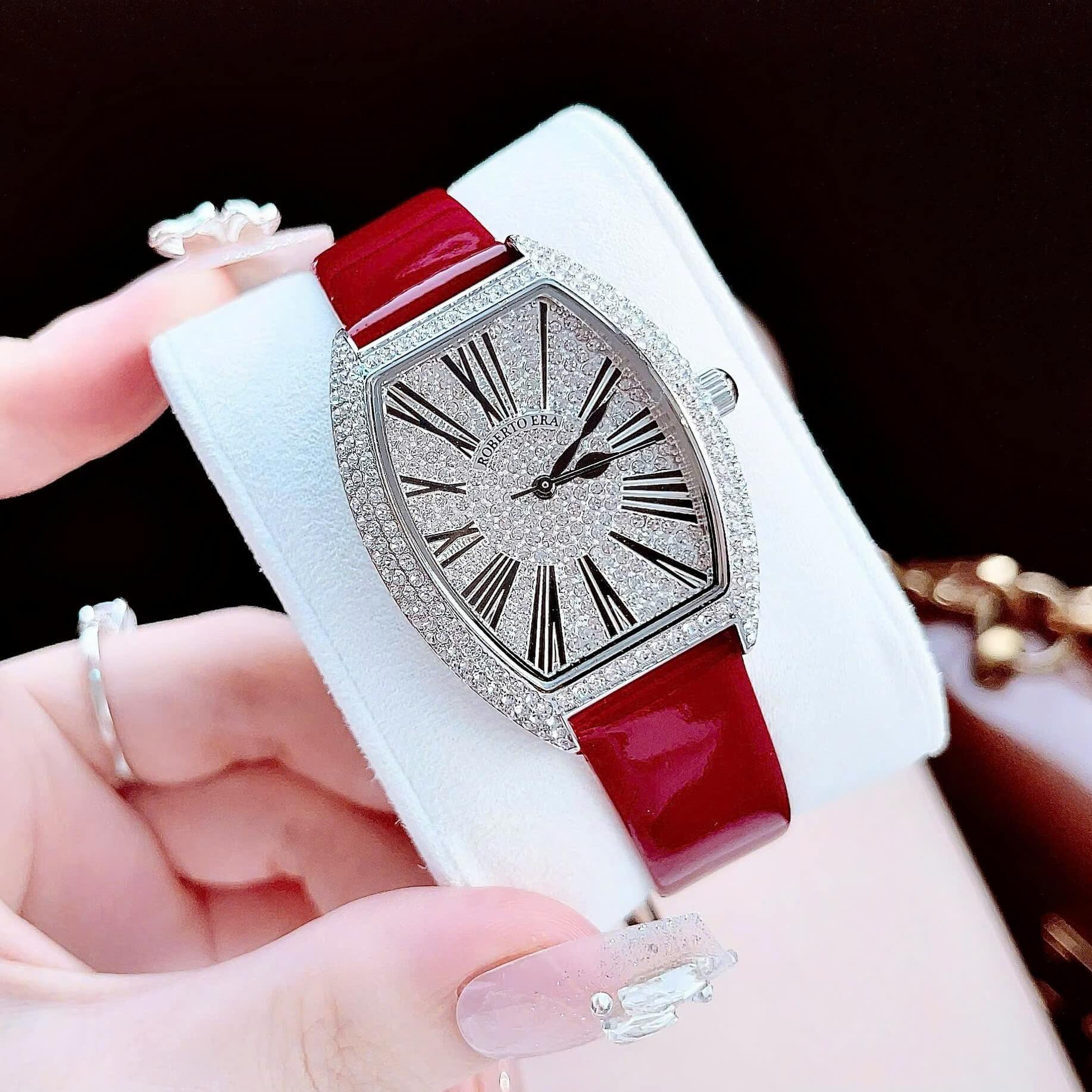 Set đồng hồ nữ chính hãng Roberto Era RE022 dây da đỏ mặt số la mã vỏ bạc silver size 36mm