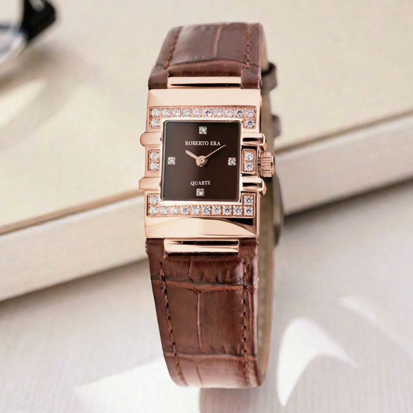 Đồng hồ nữ chính hãng Roberto Era RE1600B dây da nâu mặt vuông size 20x30mm vỏ vàng hồng