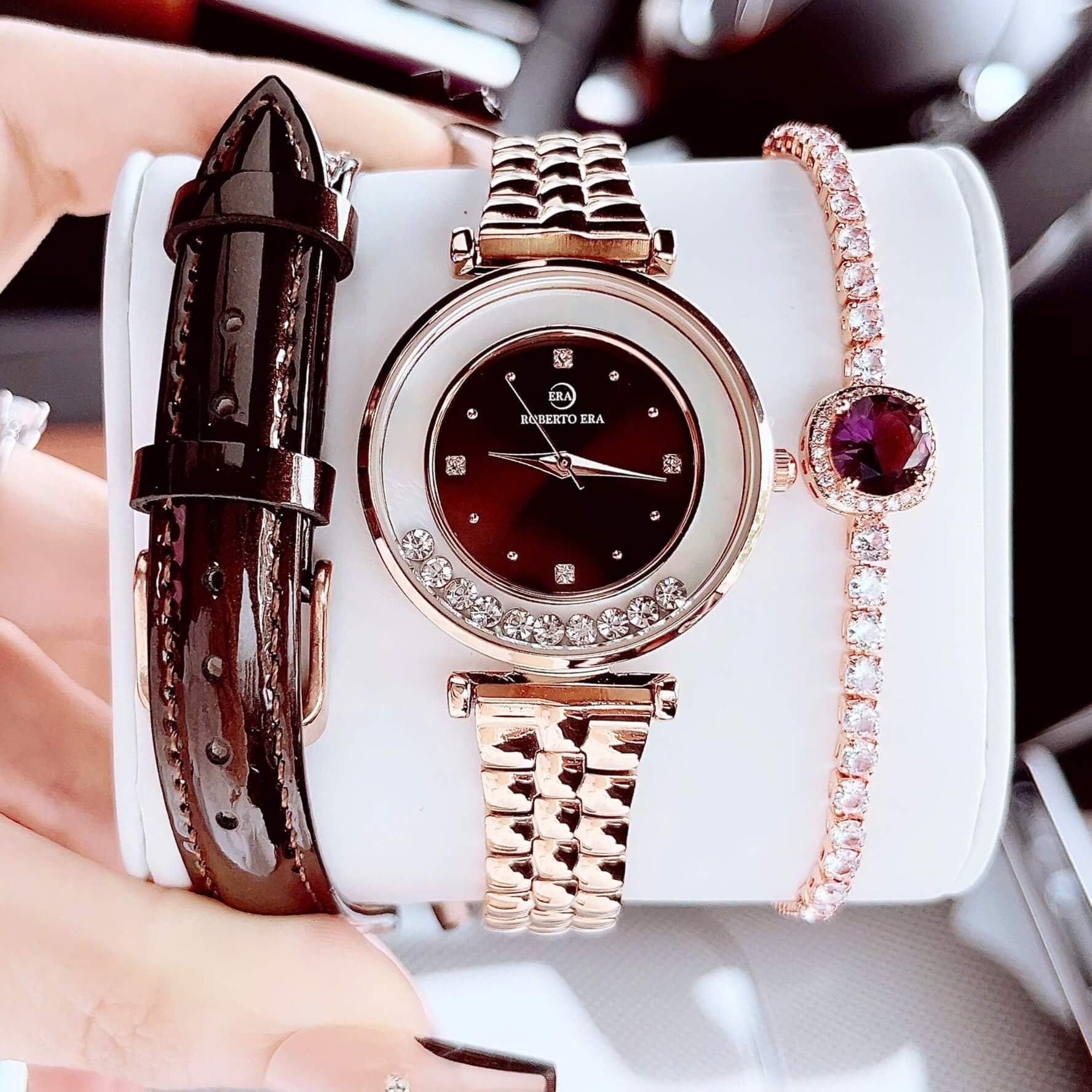 Set đồng hồ nữ chính hãng Roberto Era RE0849 dây da nâu vỏ rose size 32mm, kèm bộ dây kim loại và phụ kiện