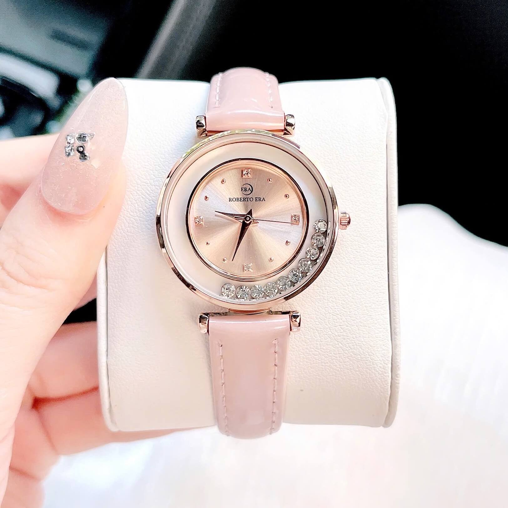 Set đồng hồ nữ chính hãng Roberto Era RE0843 dây da hồng vỏ rose size 32mm kèm bộ dây kim loại và phụ kiện