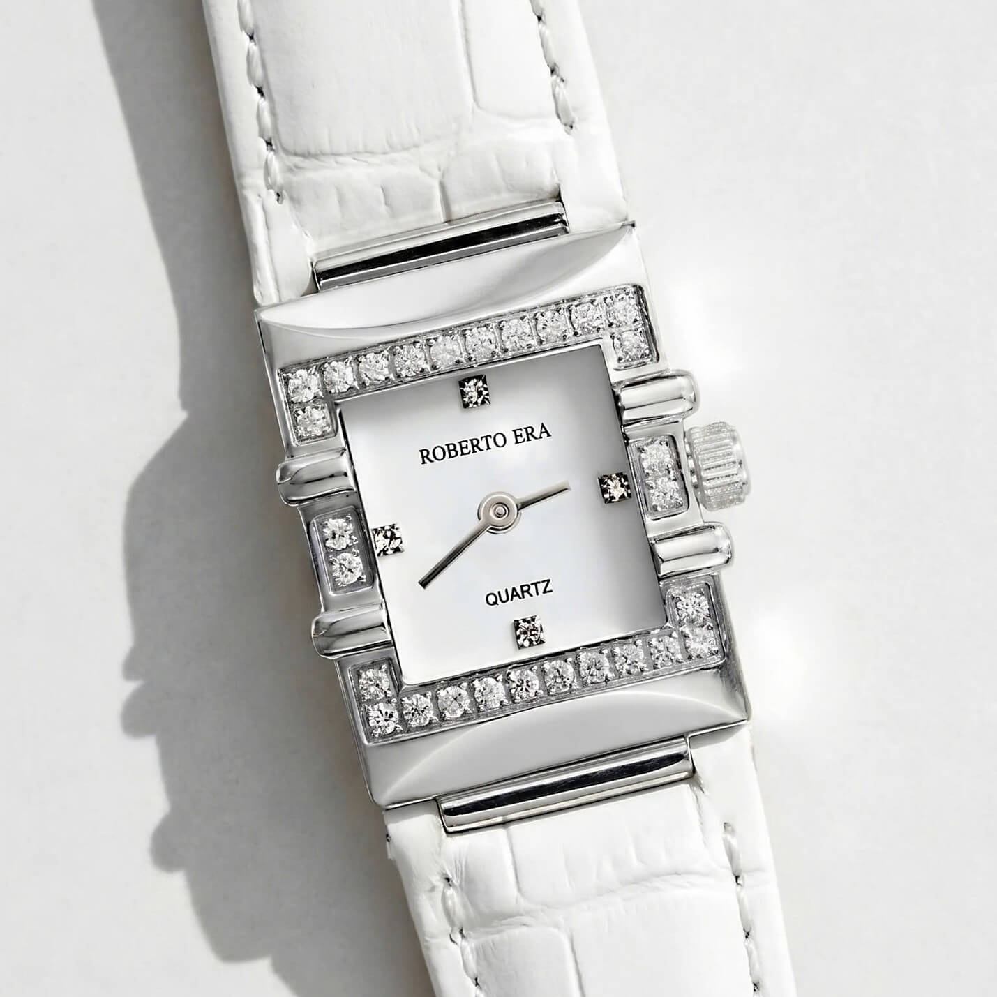 Đồng hồ nữ chính hãng Roberto Era RE1601W dây da trắng mặt vuông size 20x30mm vỏ silver