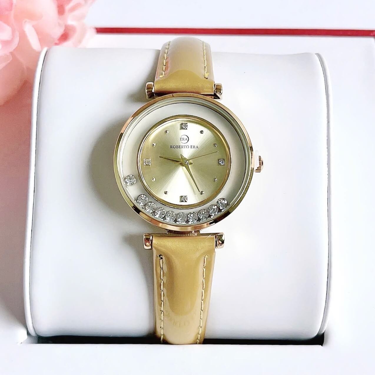 Đồng hồ nữ chính hãng Roberto Era RE084 dây da vàng mặt đá chảy size 32mm vỏ vàng gold