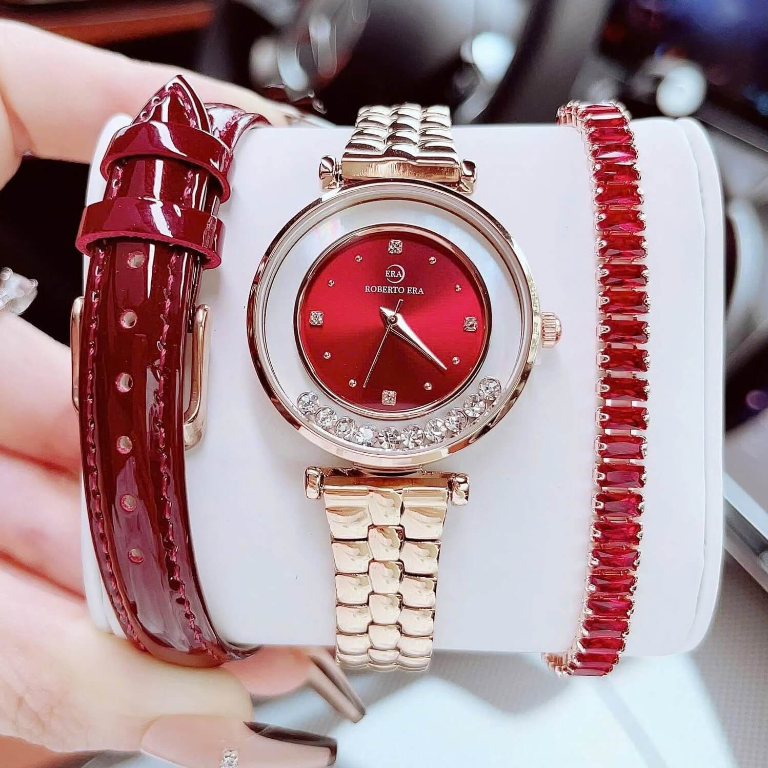 Set đồng hồ nữ chính hãng Roberto Era RE0848 dây da đỏ vỏ rose size 32mm, kèm bộ dây kim loại và phụ kiện