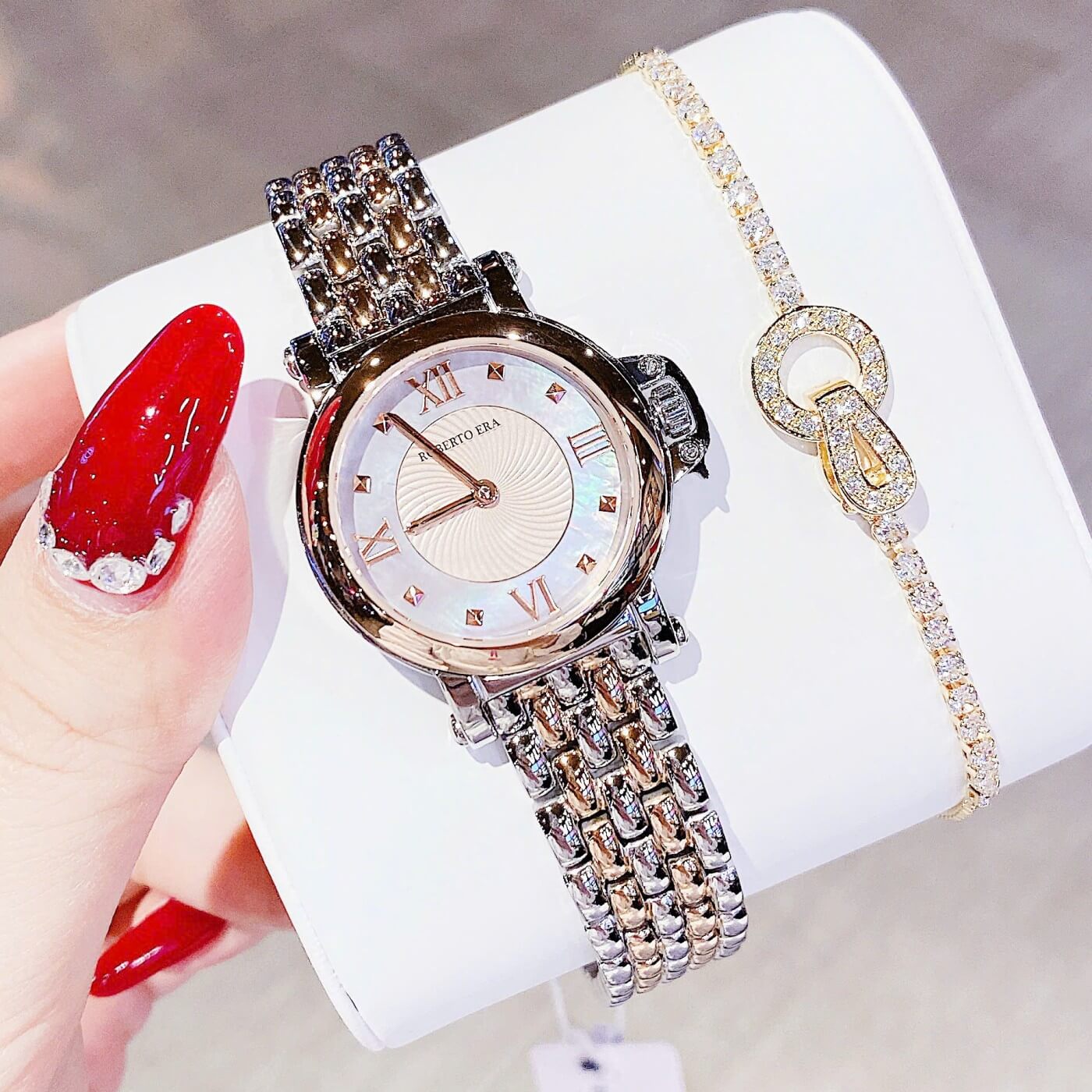 Set đồng hồ nữ chính hãng Roberto Era RE2024 dây kim demi rose mặt xà cừ hồng size 30mm