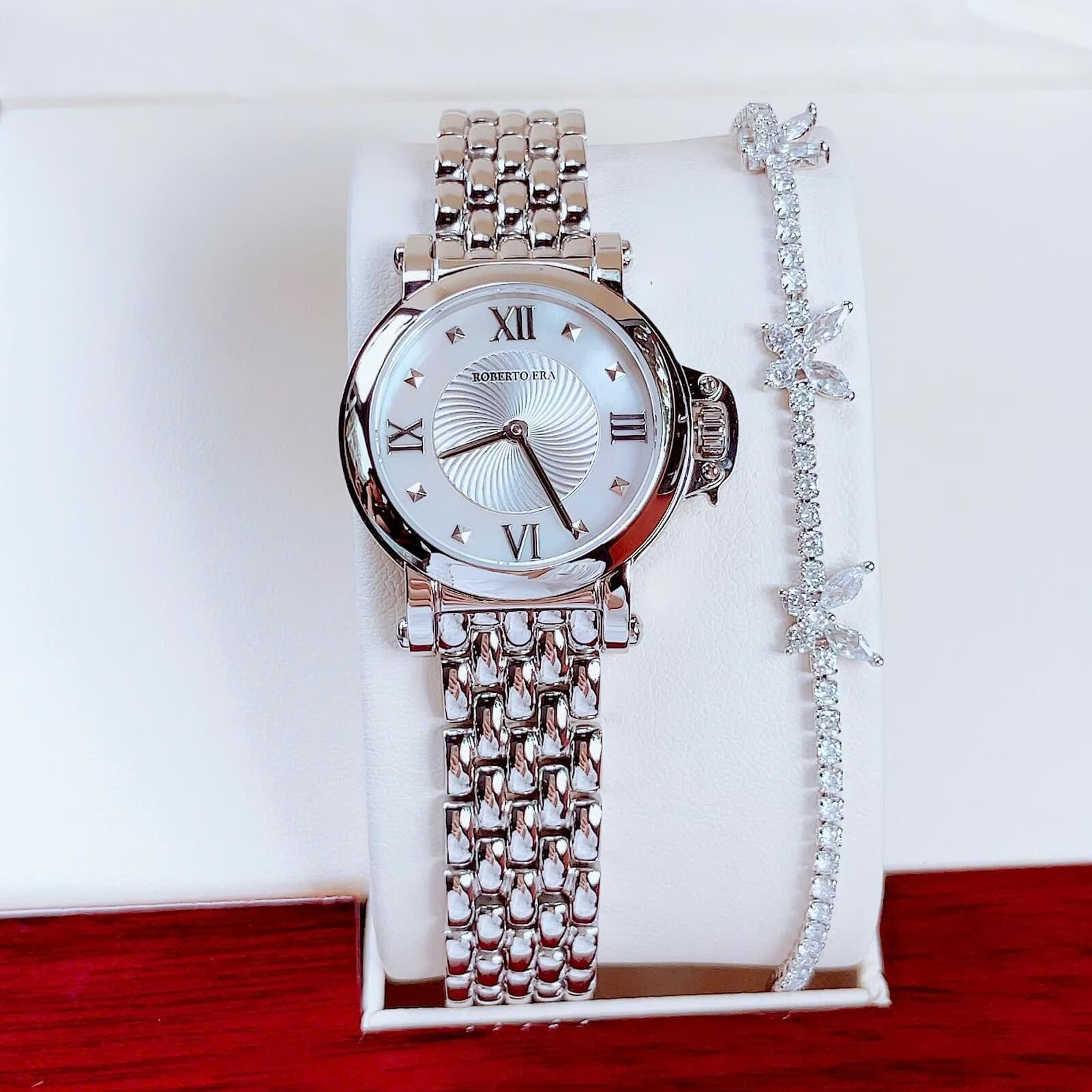 Set đồng hồ nữ chính hãng Roberto Era RE2025 dây kim loại silver mặt xà cừ size 30mm