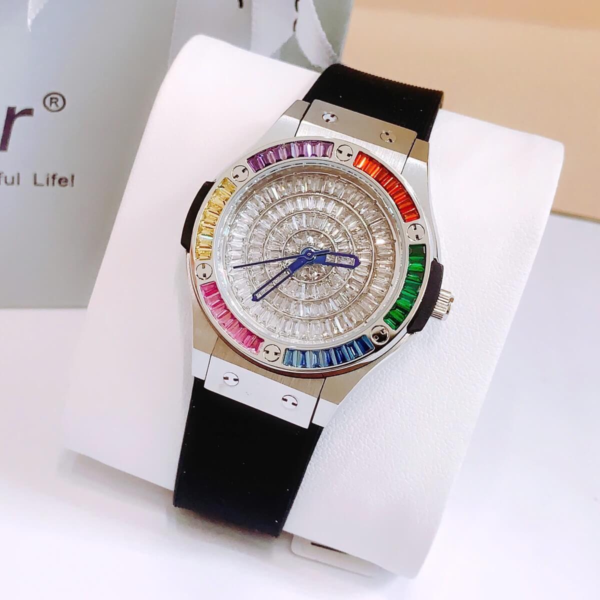 Set Đồng hồ nữ X-cer chính hãng dây cao su đen vỏ bạc size 34mm - Mặt đồng hồ đính đá màu