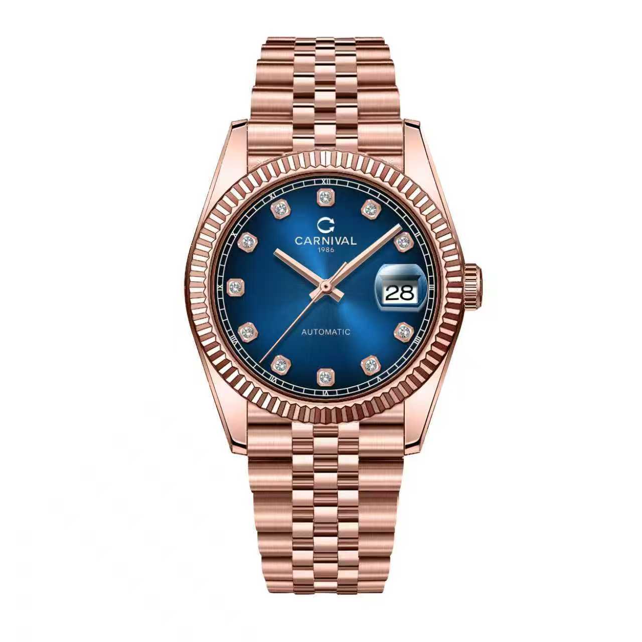 Đồng Hồ Nam Carnival 8250G-VH-X Automatic Dây Thép Màu Vàng Hồng Mặt Xanh Dương Size 38mm