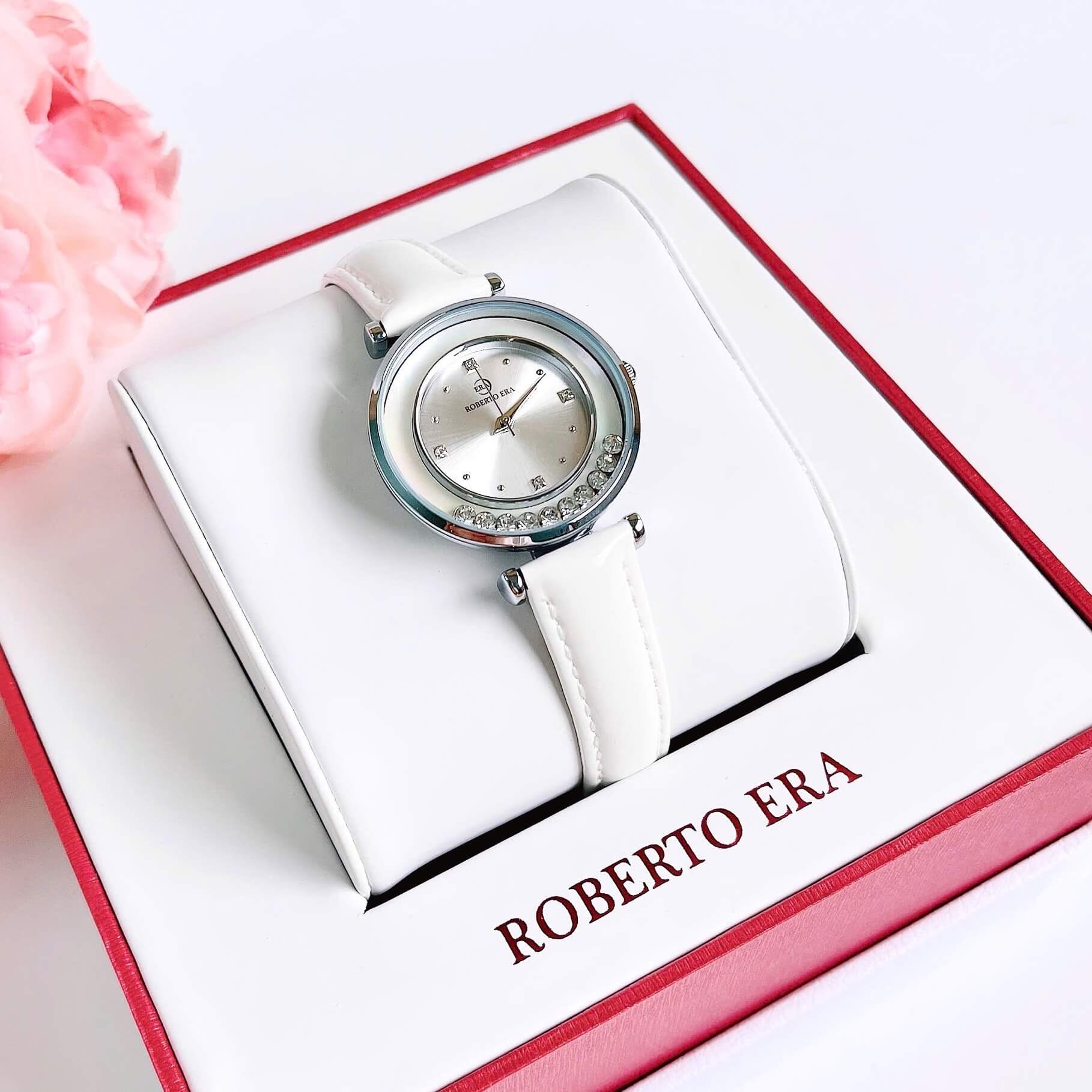 Đồng hồ nữ chính hãng Roberto Era RE0841 dây da trắng mặt đá chảy size 32mm vỏ silver