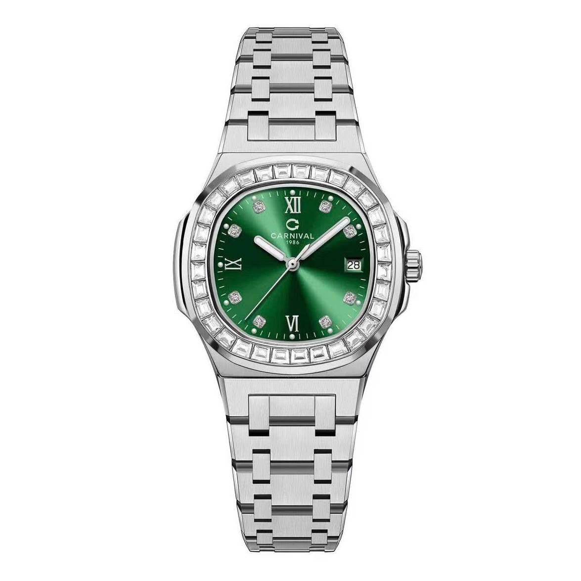 Đồng Hồ Nữ Carnival 8160L2-VT-XL Dây Thép Silver Mặt Xanh Lá Viền Đá Size 34mm Sapphire