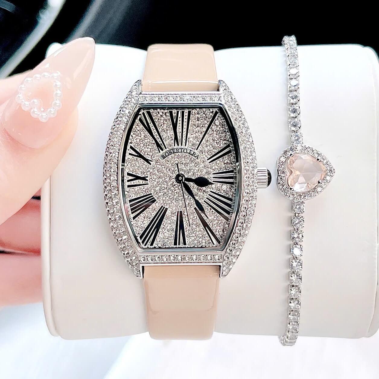 Set đồng hồ nữ chính hãng Roberto Era RE022 dây da nude mặt số la mã vỏ silver size 36mm