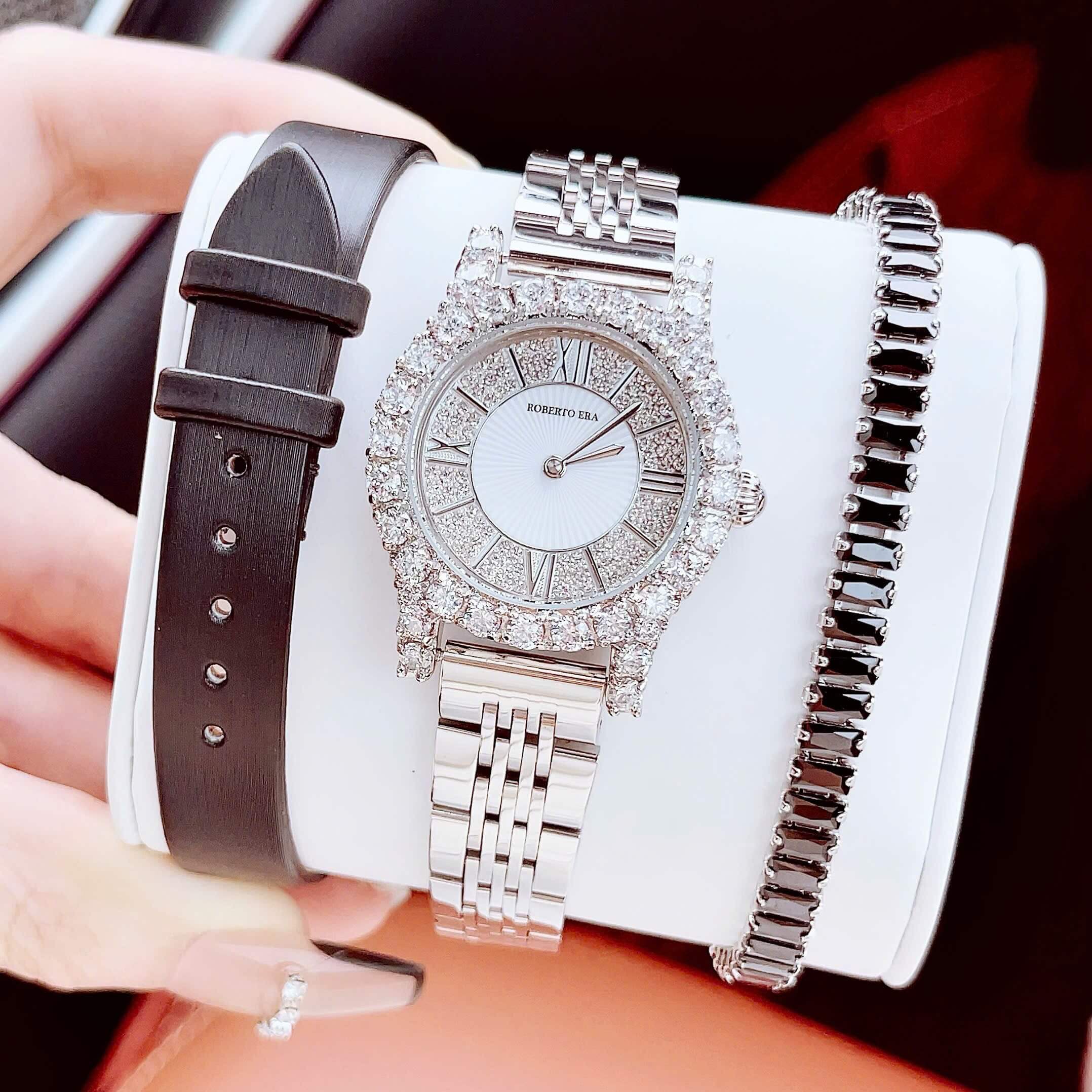 Set đồng hồ nữ chính hãng Roberto Era RE8344 dây da lụa đen size 32mm mặt đính đá - Kèm dây kim loại và phụ kiện