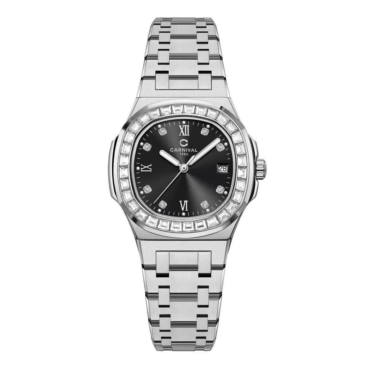 Đồng Hồ Nữ Carnival 8160L2-VT-D Dây Thép Silver Mặt Đen Viền Đá Size 34mm Sapphire