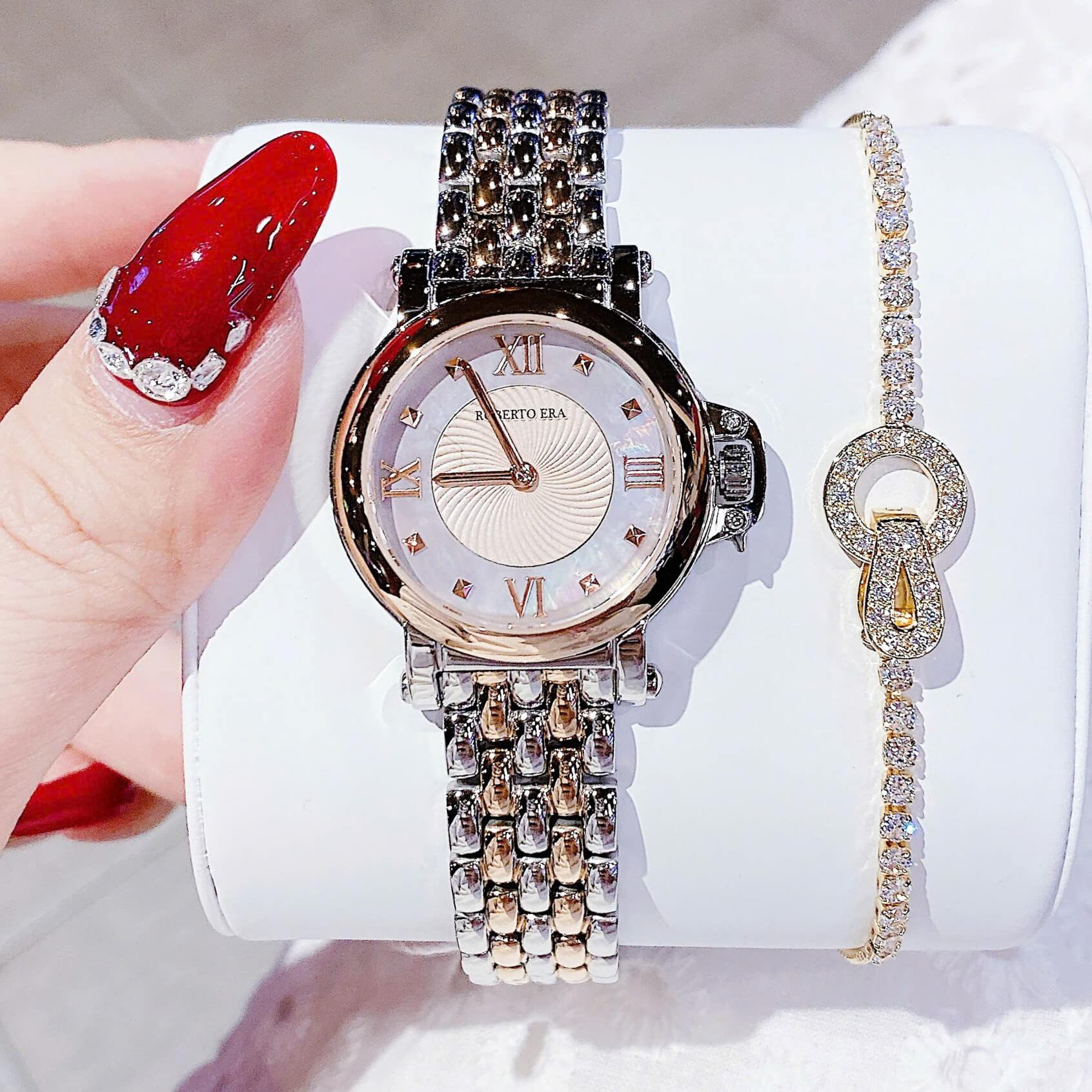 Set đồng hồ nữ chính hãng Roberto Era RE2024 dây kim demi rose mặt xà cừ hồng size 30mm