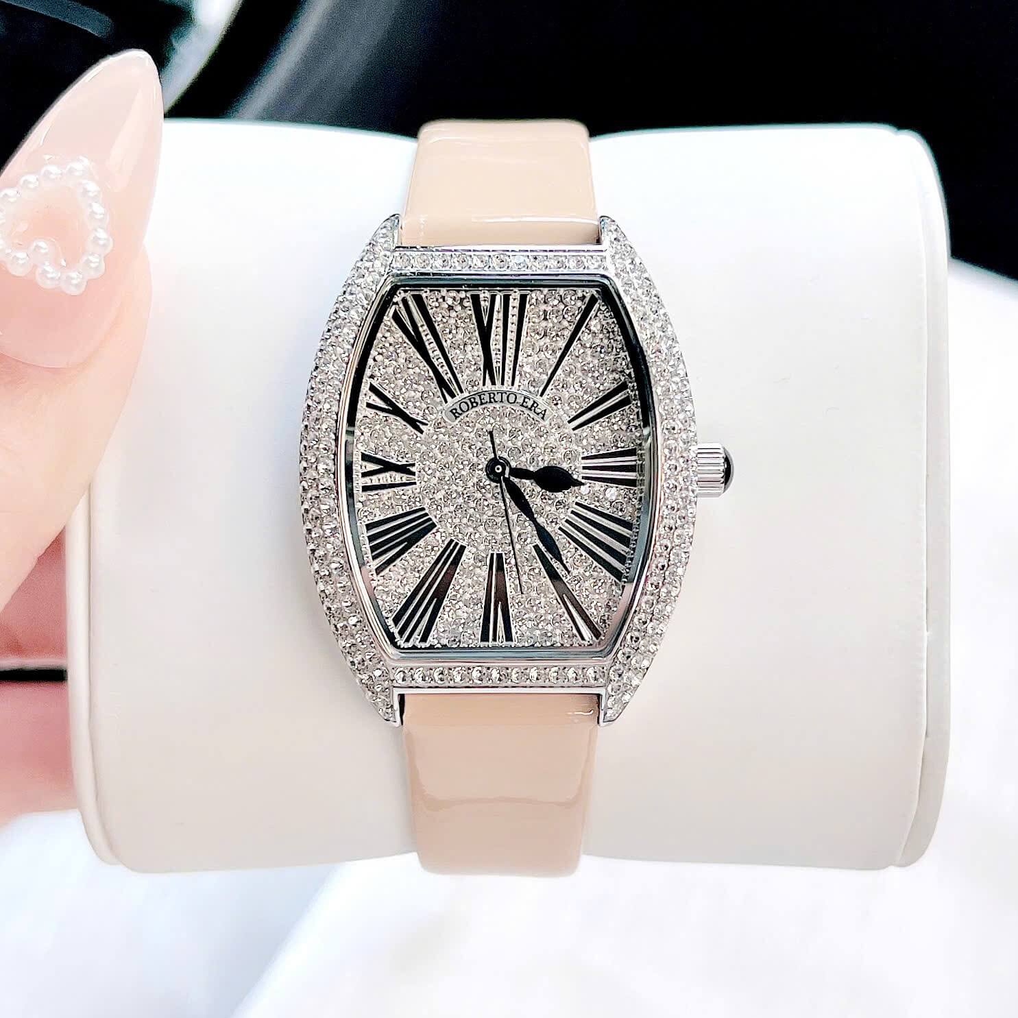 Set đồng hồ nữ chính hãng Roberto Era RE022 dây da nude mặt số la mã vỏ silver size 36mm