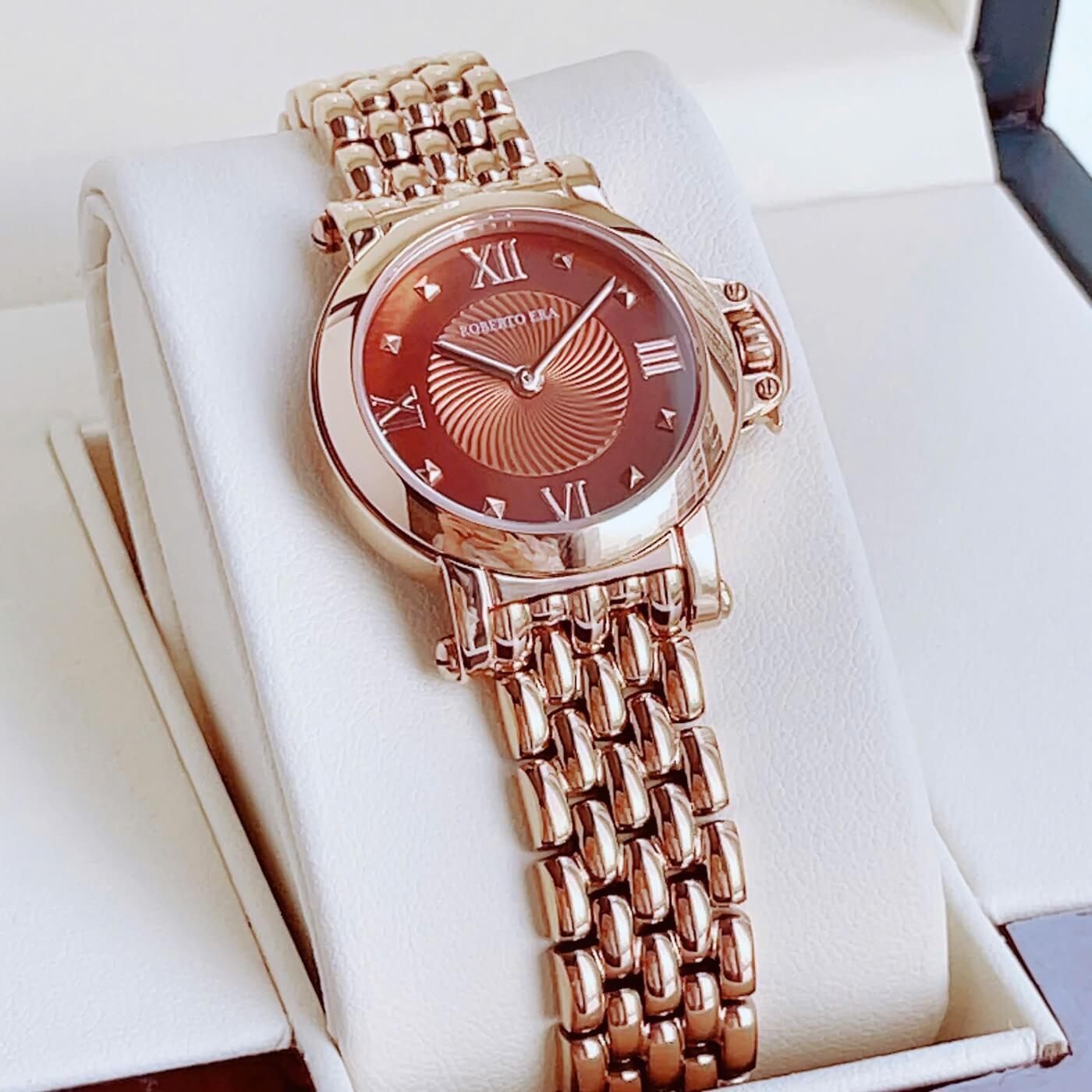 Đồng hồ nữ chính hãng Roberto Era RE2025 dây kim loại demi rose mặt nâu size 30mm
