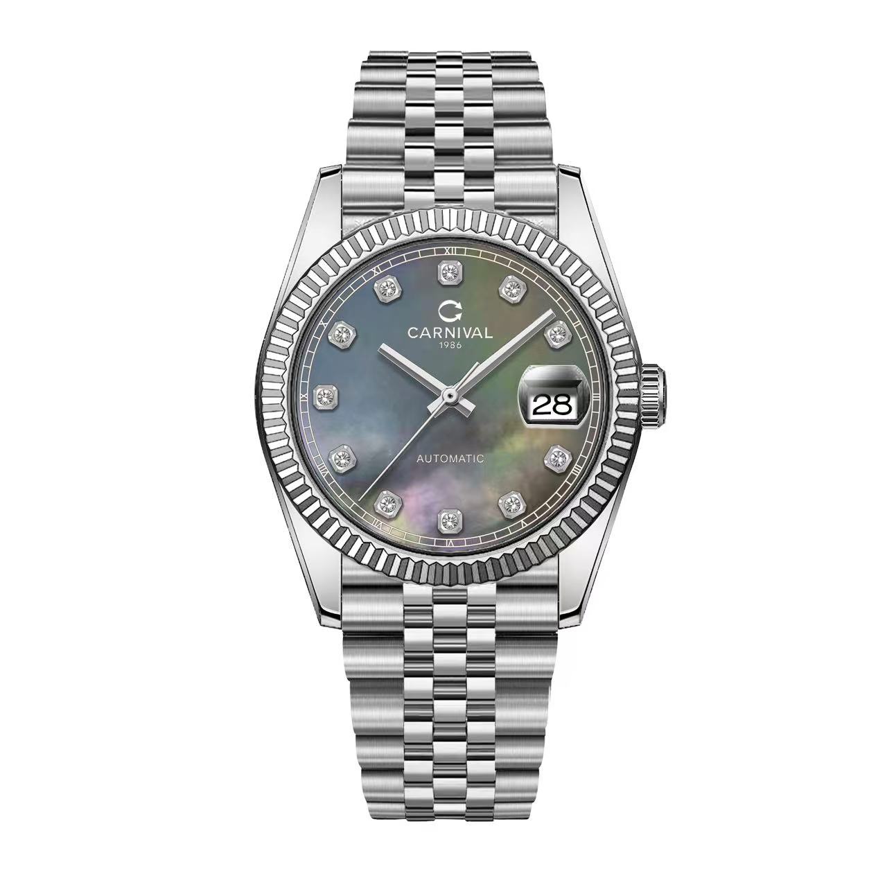 Đồng Hồ Nam Carnival 8250G-VT-DK Automatic Dây Thép Bạc Mặt Xà Cừ Xám Đen Size 38mm