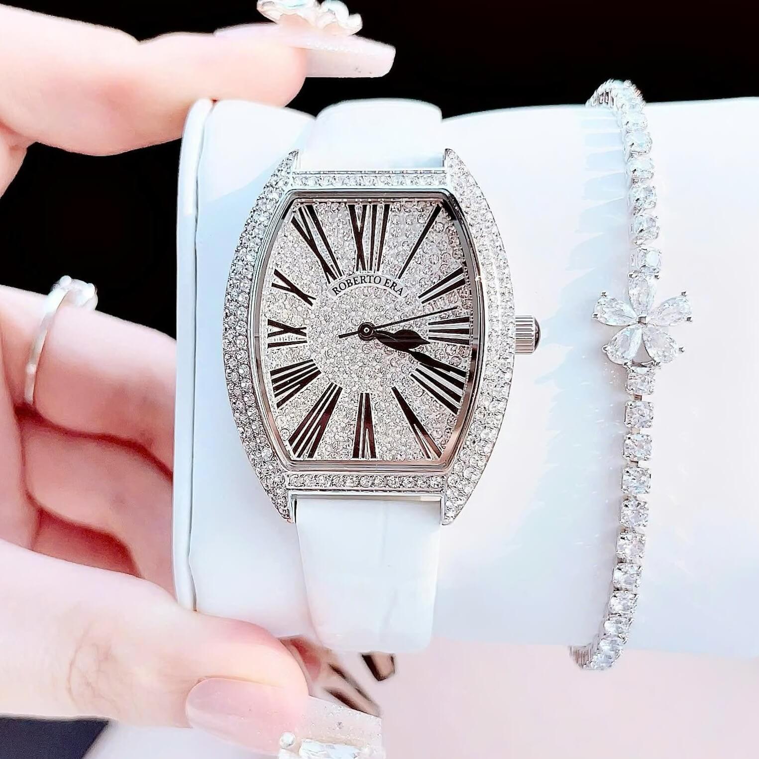 Set đồng hồ nữ chính hãng Roberto Era RE022 dây da trắng mặt số la mã, vỏ bạc silver size 36mm