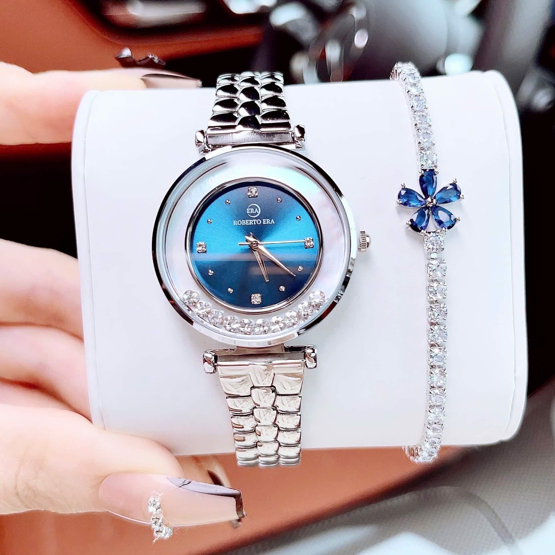 Set đồng hồ nữ chính hãng Roberto Era RE0847 dây da xanh dương vỏ silver size 32mm, kèm bộ dây kim loại và phụ kiện