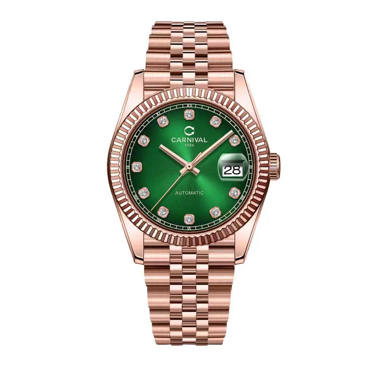 Đồng Hồ Nam Carnival 8250G-VH-XL Automatic Dây Thép Màu Vàng Hồng Mặt Xanh Lá Size 38mm