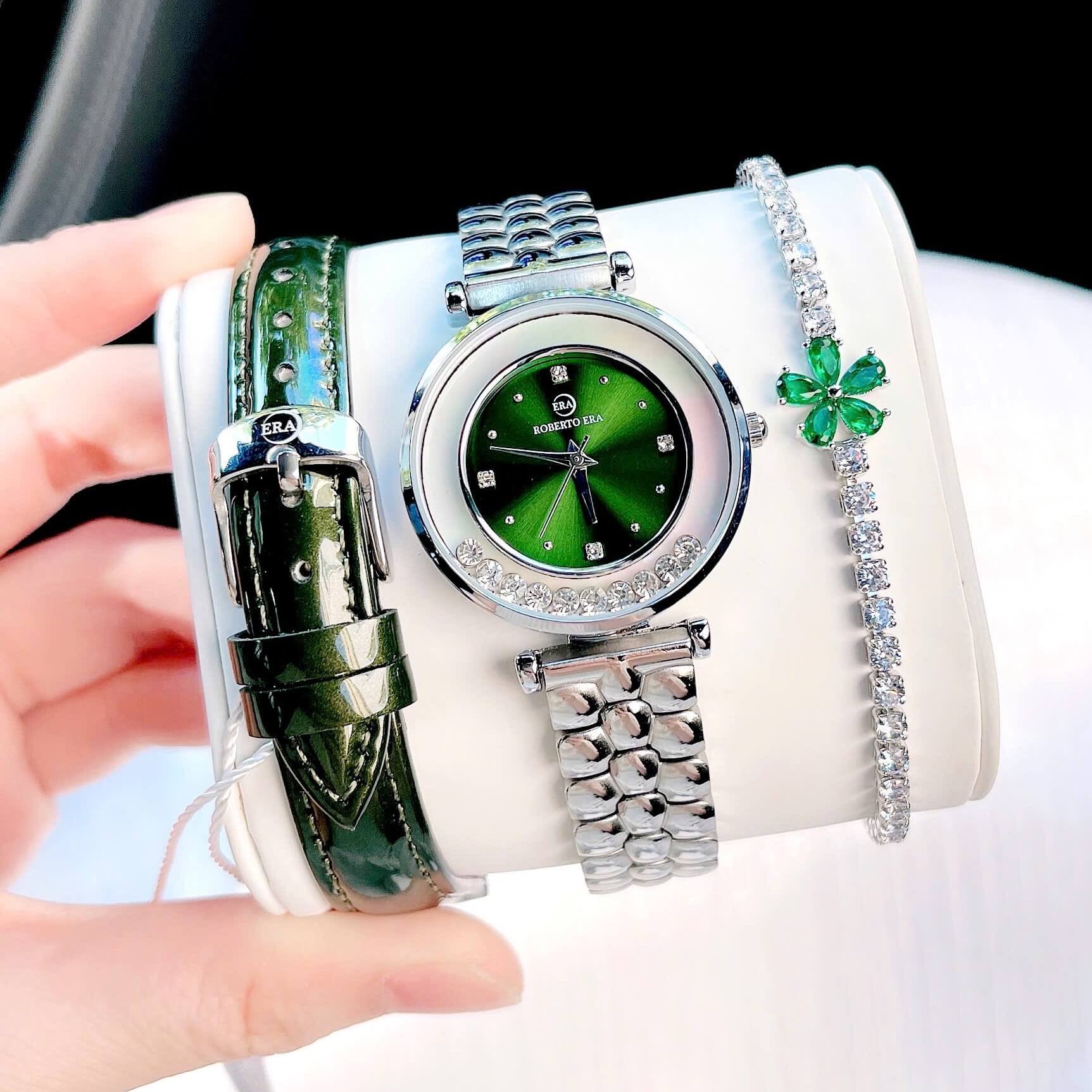 Set đồng hồ nữ chính hãng Roberto Era RE084 dây da xanh lá vỏ silver size 32mm, kèm bộ dây kim loại và phụ kiện