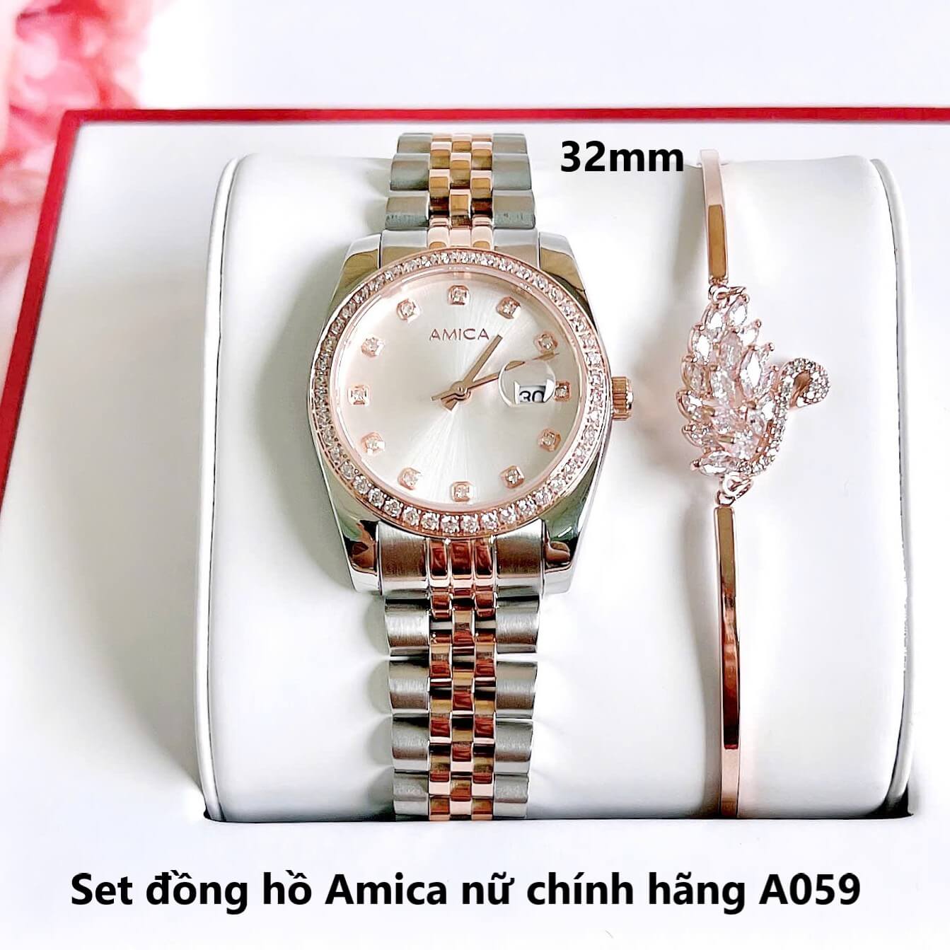 Set đồng hồ nữ Amica chính hãng demi vàng hồng mặt trắng size 32mm - Đồng hồ Amica A059