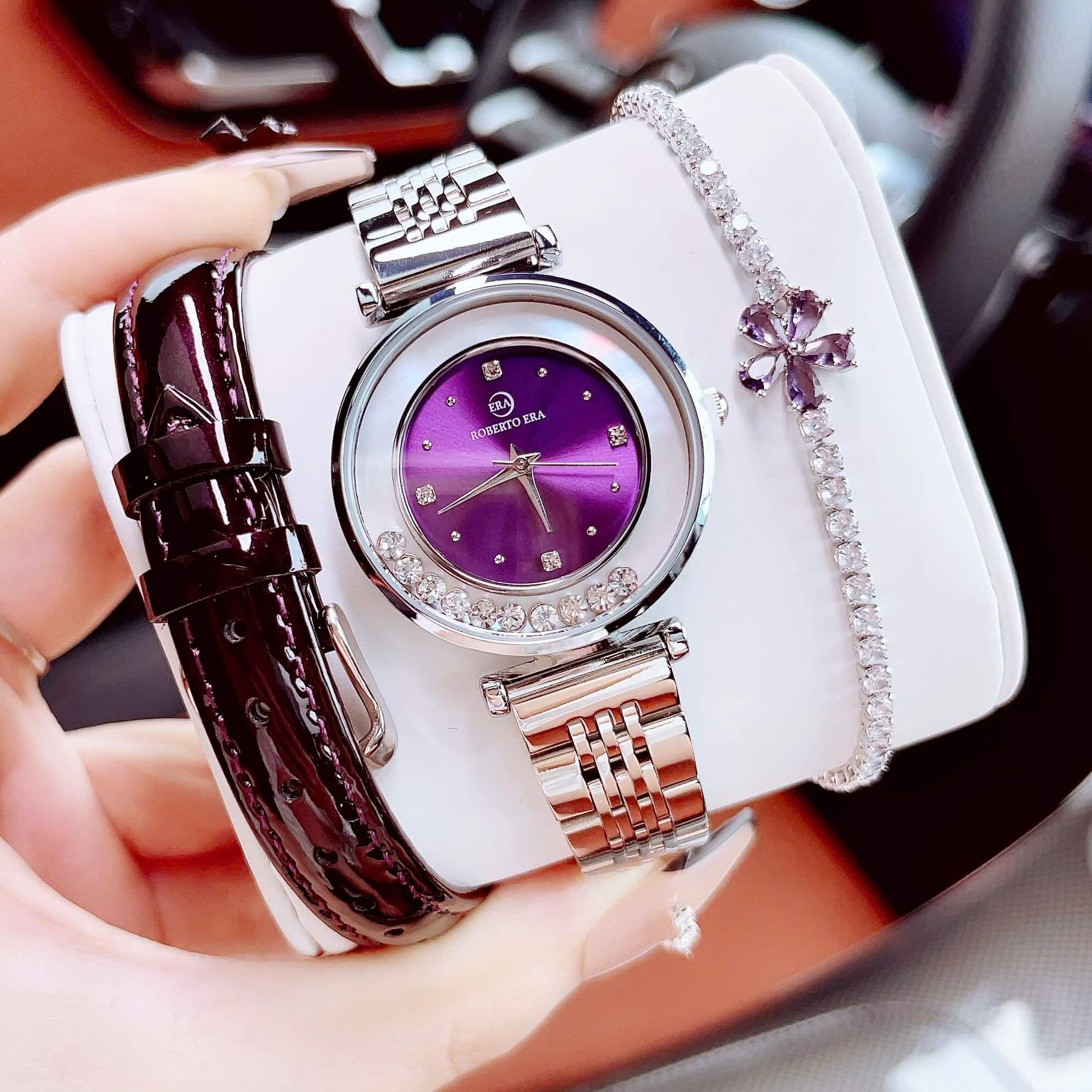 Set đồng hồ nữ chính hãng Roberto Era RE0848 dây da tím vỏ silver size 32mm, kèm bộ dây kim loại và phụ kiện