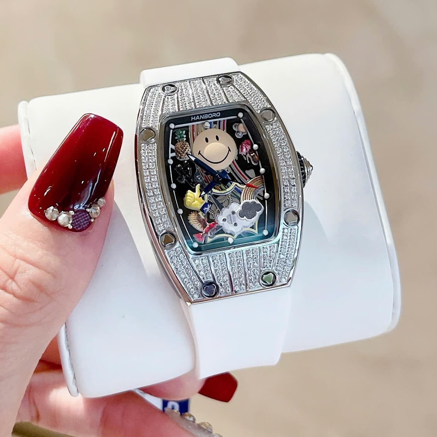 Đồng Hồ Nữ Hanboro Mặt Cười Dây Cao Su Trắng Chính Hãng Đính Đá Silver Mặt Size 36mm Quartz