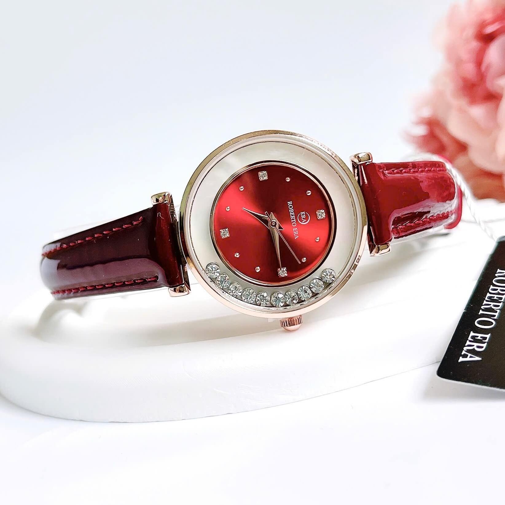 Đồng hồ nữ chính hãng Roberto Era RE8492 dây da đỏ mặt đá chảy size 32mm vỏ rose