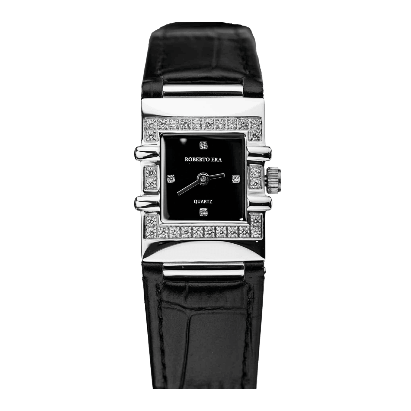 Đồng hồ nữ chính hãng Roberto Era RE1602 dây da đen mặt vuông size 20x30mm vỏ silver