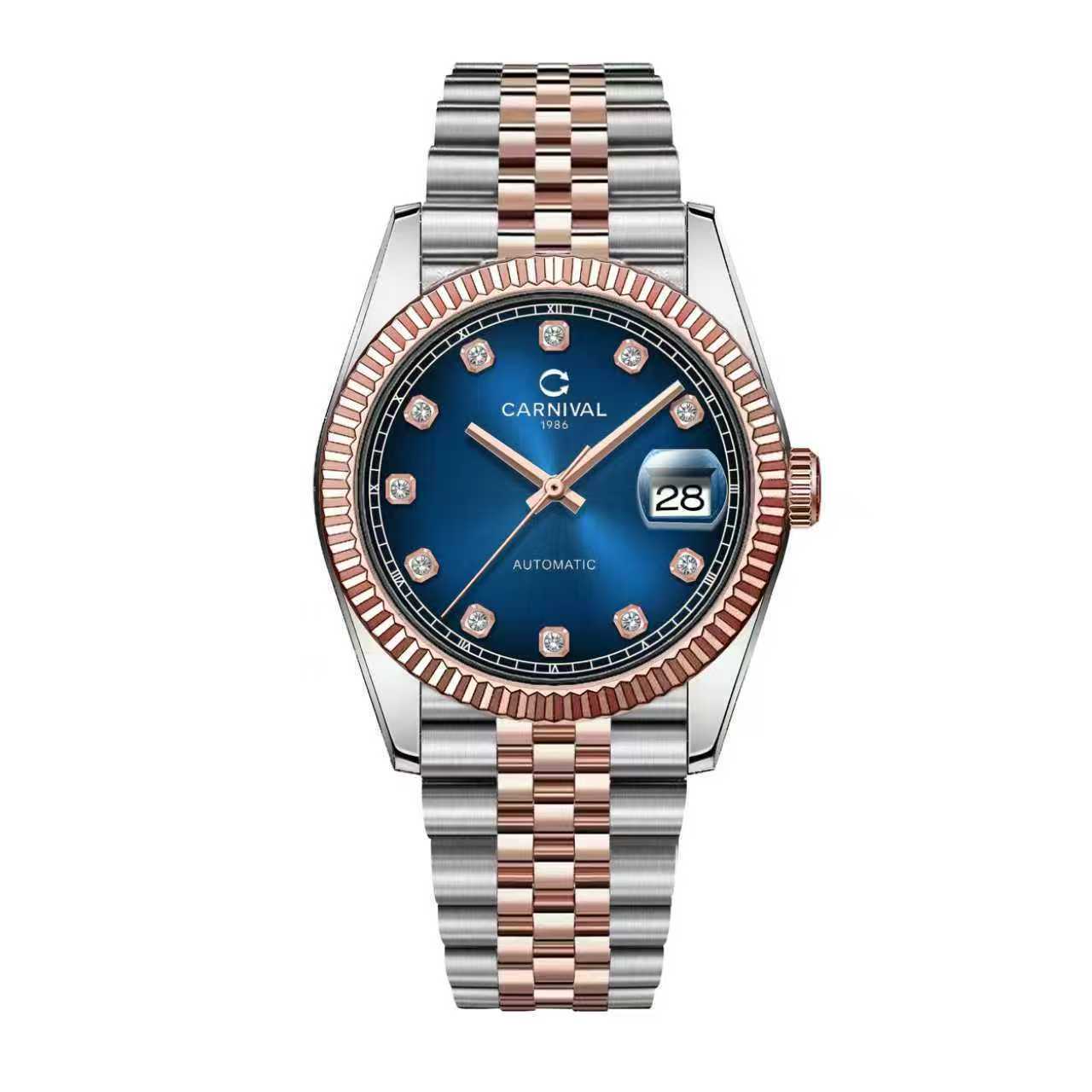 Đồng Hồ Nam Carnival 8250G-CH-X Automatic Dây Demi Vàng Hồng Mặt Xanh Dương Size 38mm