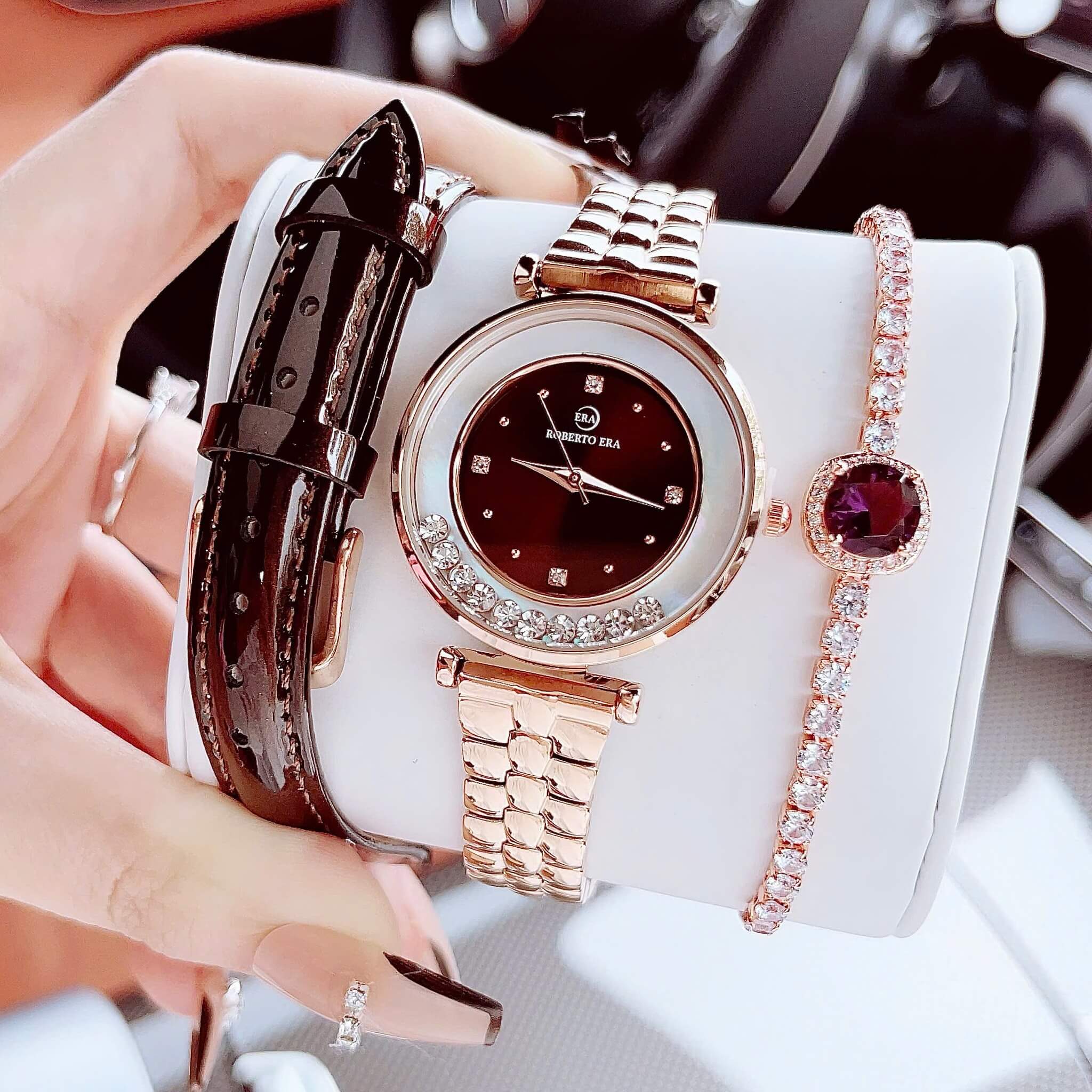 Set đồng hồ nữ chính hãng Roberto Era RE0849 dây da nâu vỏ rose size 32mm, kèm bộ dây kim loại và phụ kiện