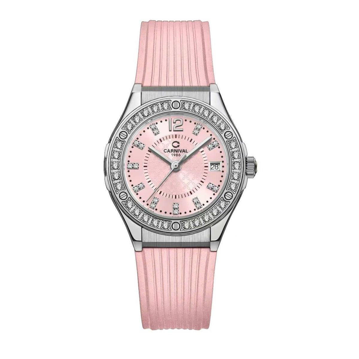 Đồng Hồ Nữ Carnival 8173L2 Dây Cao Su Hồng Đính Đá Silver Size 34mm Quartz Japan Carnival 8173L2-VT-DCS-H