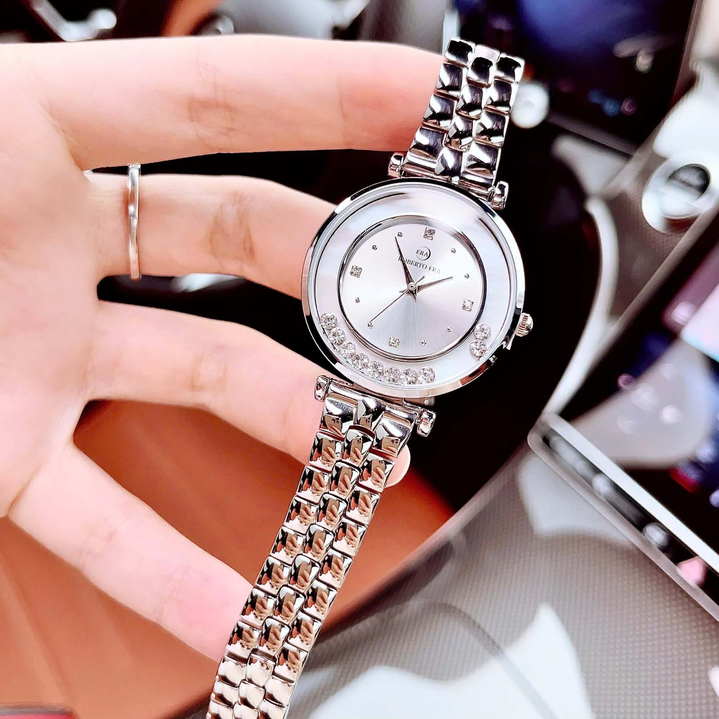 Set đồng hồ nữ chính hãng Roberto Era RE0841 dây da trắng vỏ silver size 32mm, kèm bộ dây kim loại và phụ kiện