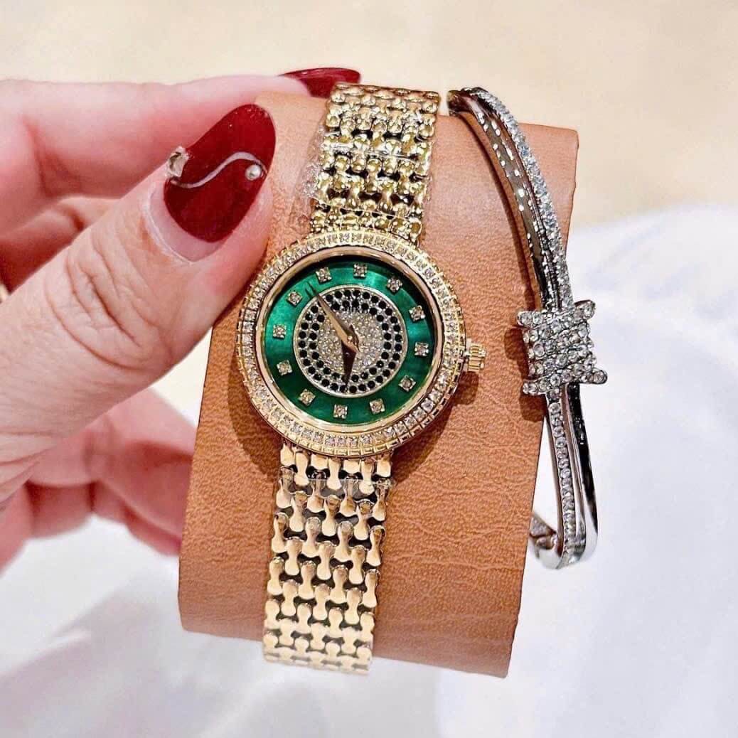 Đồng Hồ Nữ Franklin FL5688 Chính Hãng Dây Thép Vàng Gold Mặt Xanh Lá Size 29mm Viền Đá Tặng Kèm Lắc Tay