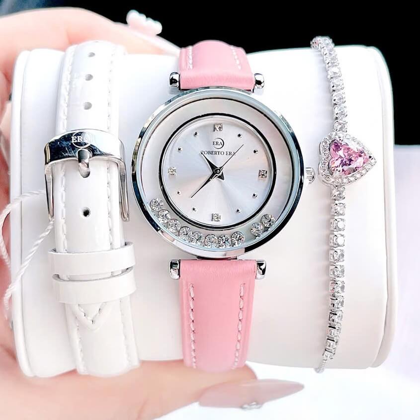 Set đồng hồ nữ chính hãng Roberto Era RE0841 dây da trắng vỏ silver size 32mm, kèm bộ dây da hồng và phụ kiện