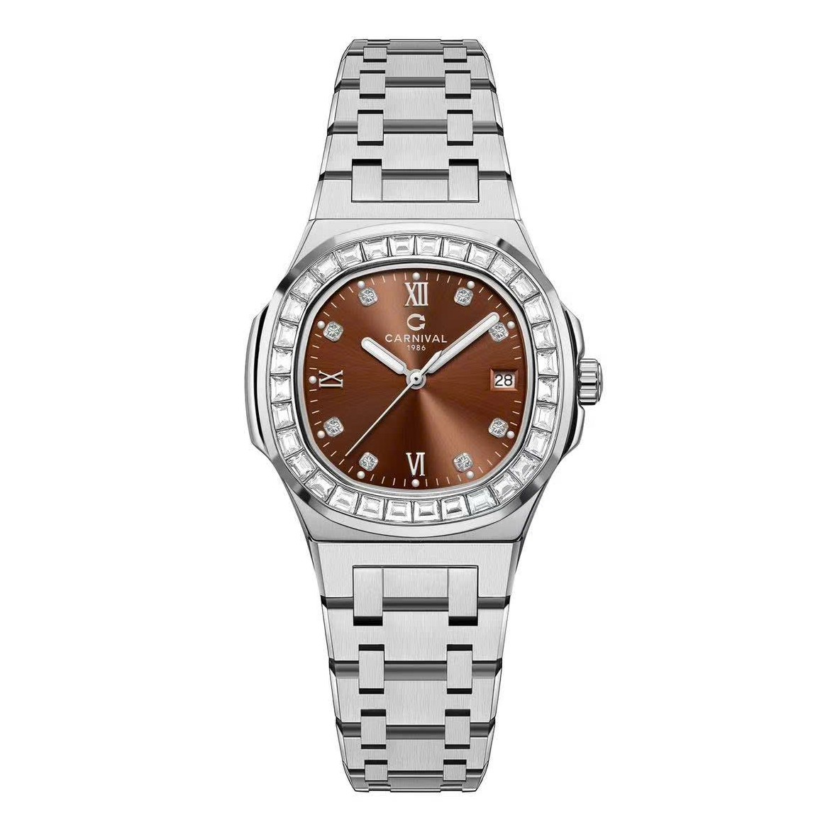 Đồng Hồ Nữ Carnival 8160L2-VT-N Dây Thép Silver Mặt Nâu Viền Đá Size 34mm Sapphire