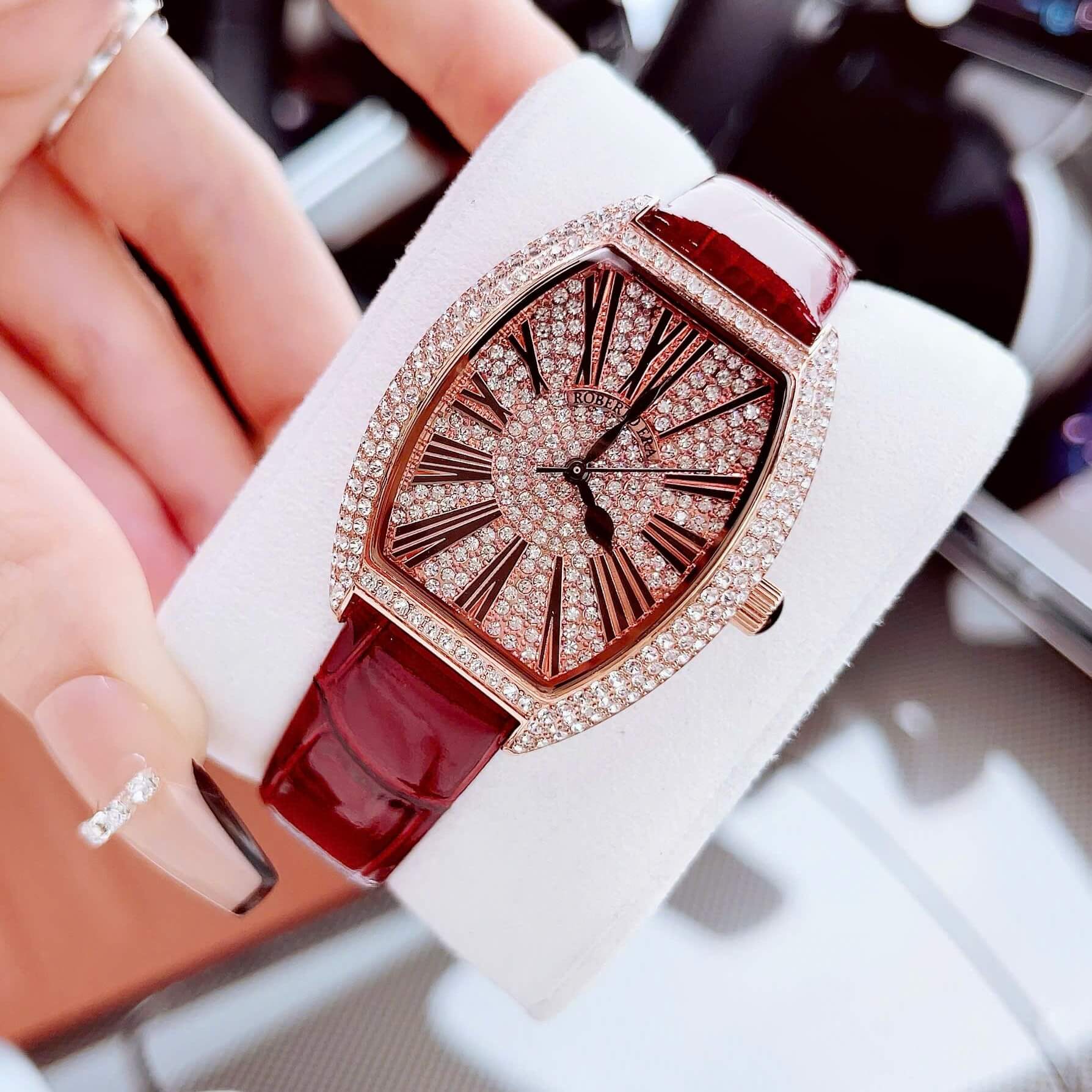 Set đồng hồ nữ chính hãng Roberto Era RE0224 dây da đỏ mận mặt số la mã, vỏ vàng hồng size 36mm