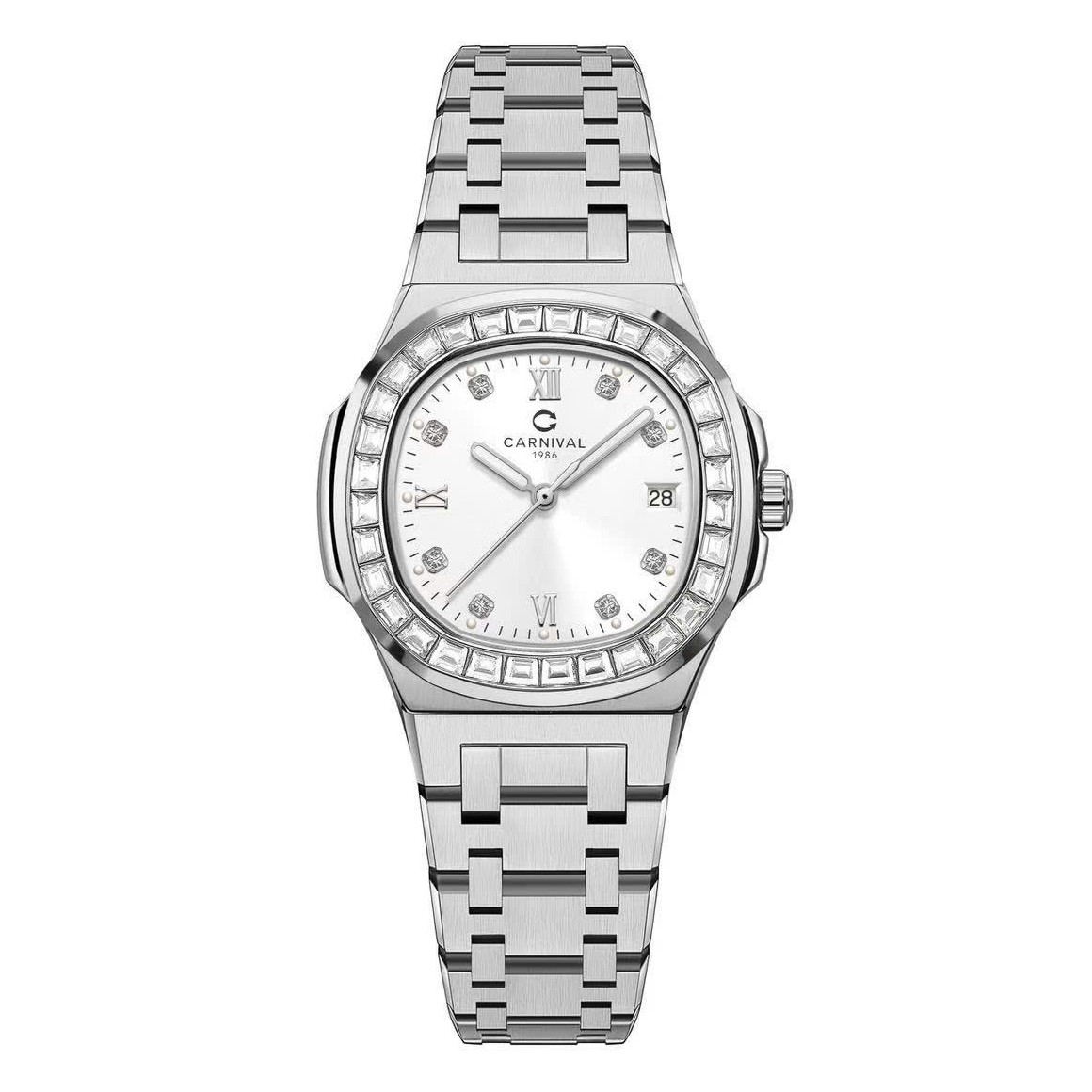 Đồng Hồ Nữ Carnival 8160L2-VT-T Dây Thép Silver Mặt Trắng Viền Đá Size 34mm Sapphire