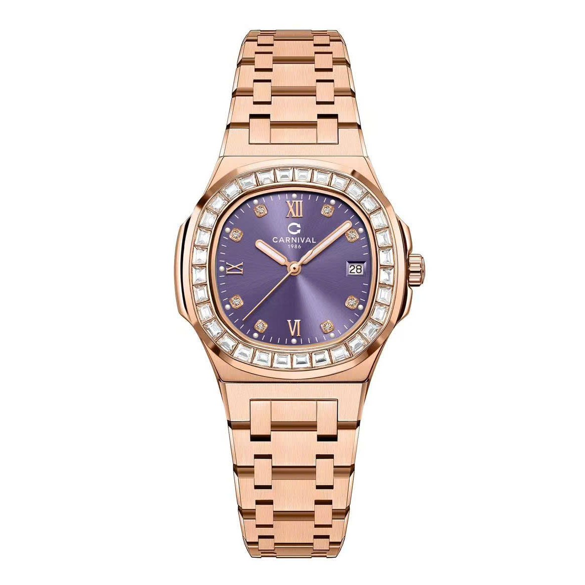 Đồng Hồ Nữ Carnival 8160L2-VH-TIM Vàng Hồng Mặt Tím Viền Đá Size 34mm Sapphire