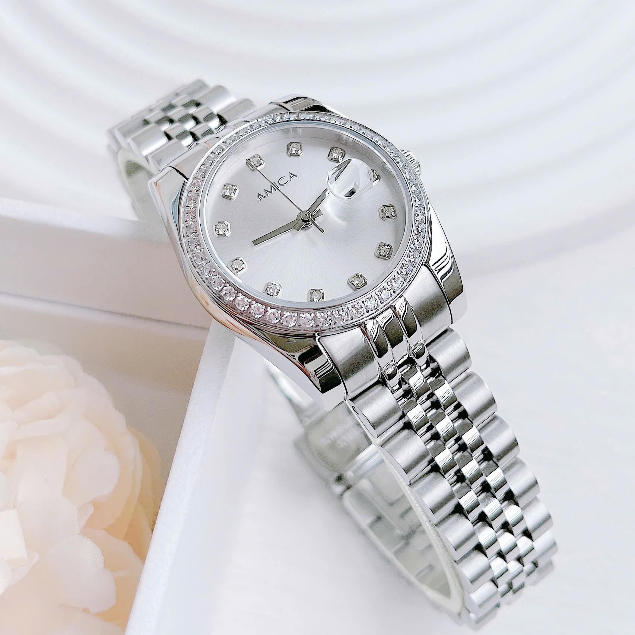 Set đồng hồ nữ Amica chính hãng màu bạc mặt trắng size 32mm - Đồng hồ Amica A059
