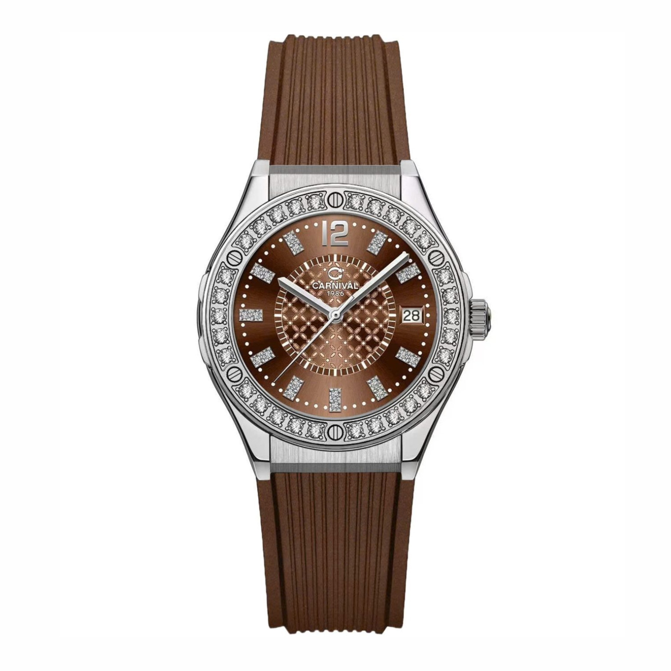 Đồng Hồ Nữ Carnival 8173L2 Dây Cao Su Nâu Đính Đá Silver Size 34mm Quartz Japan Carnival 8173L2-VT-DCS-N