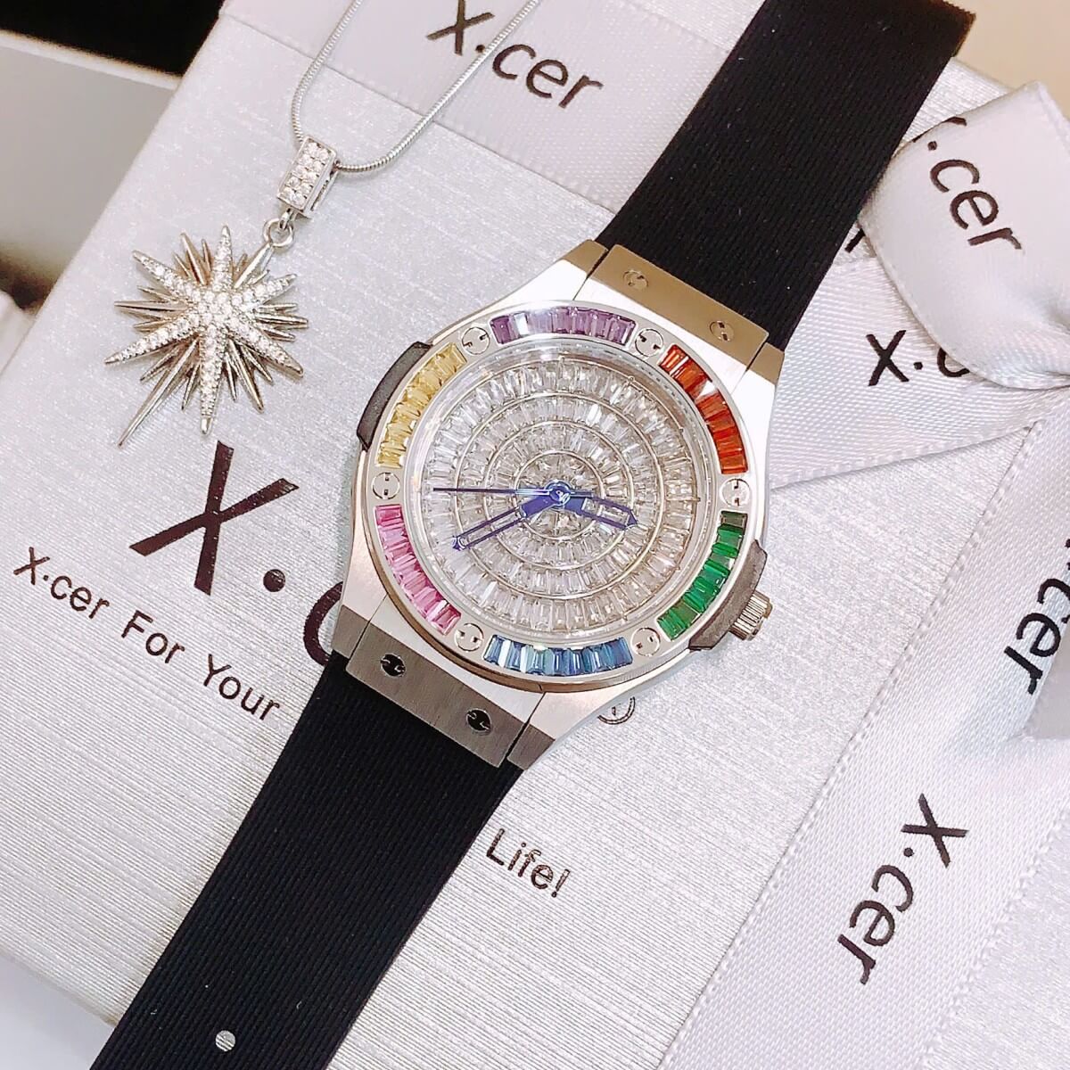 Set Đồng hồ nữ X-cer chính hãng dây cao su đen vỏ bạc size 34mm - Mặt đồng hồ đính đá màu