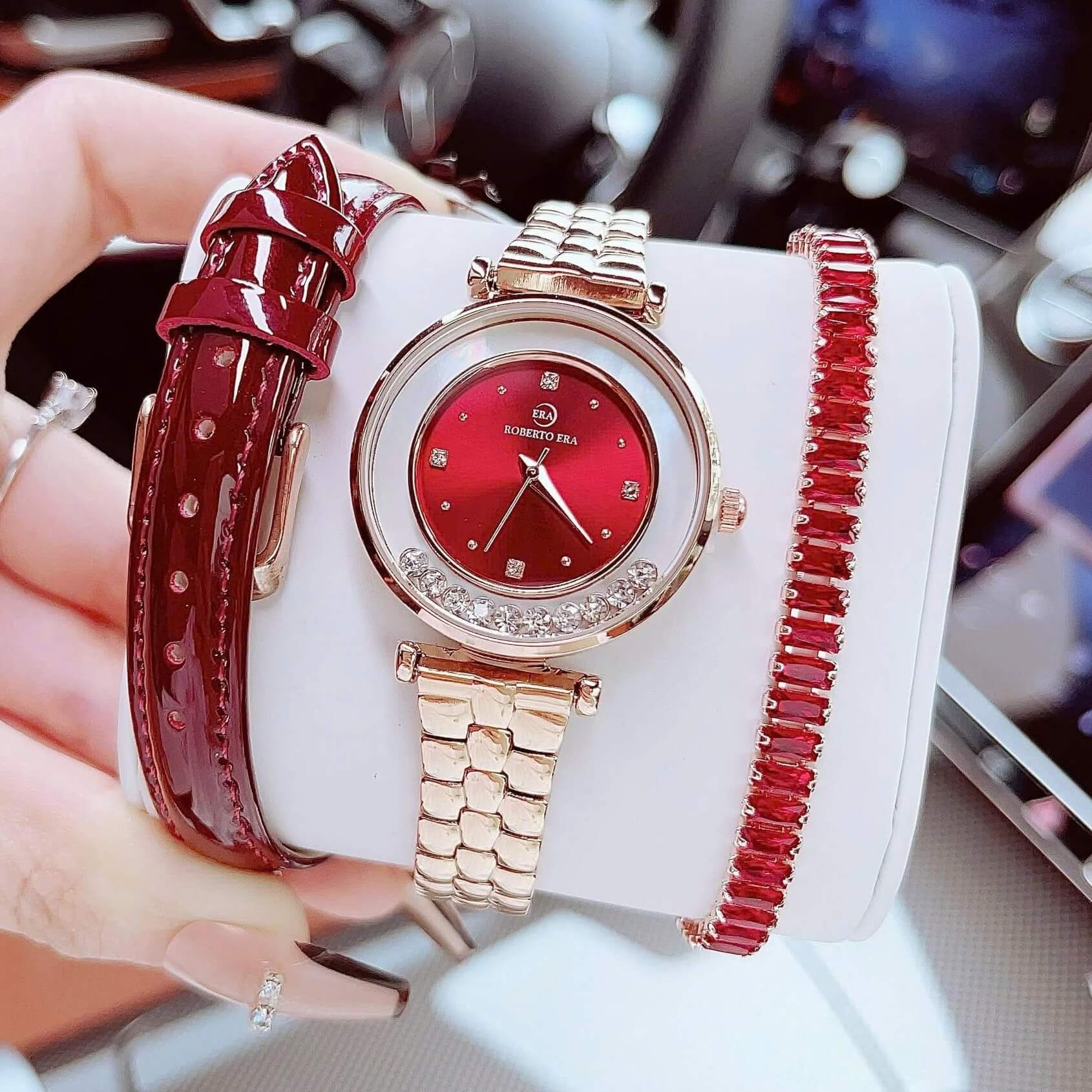 Set đồng hồ nữ chính hãng Roberto Era RE0848 dây da đỏ vỏ rose size 32mm, kèm bộ dây kim loại và phụ kiện