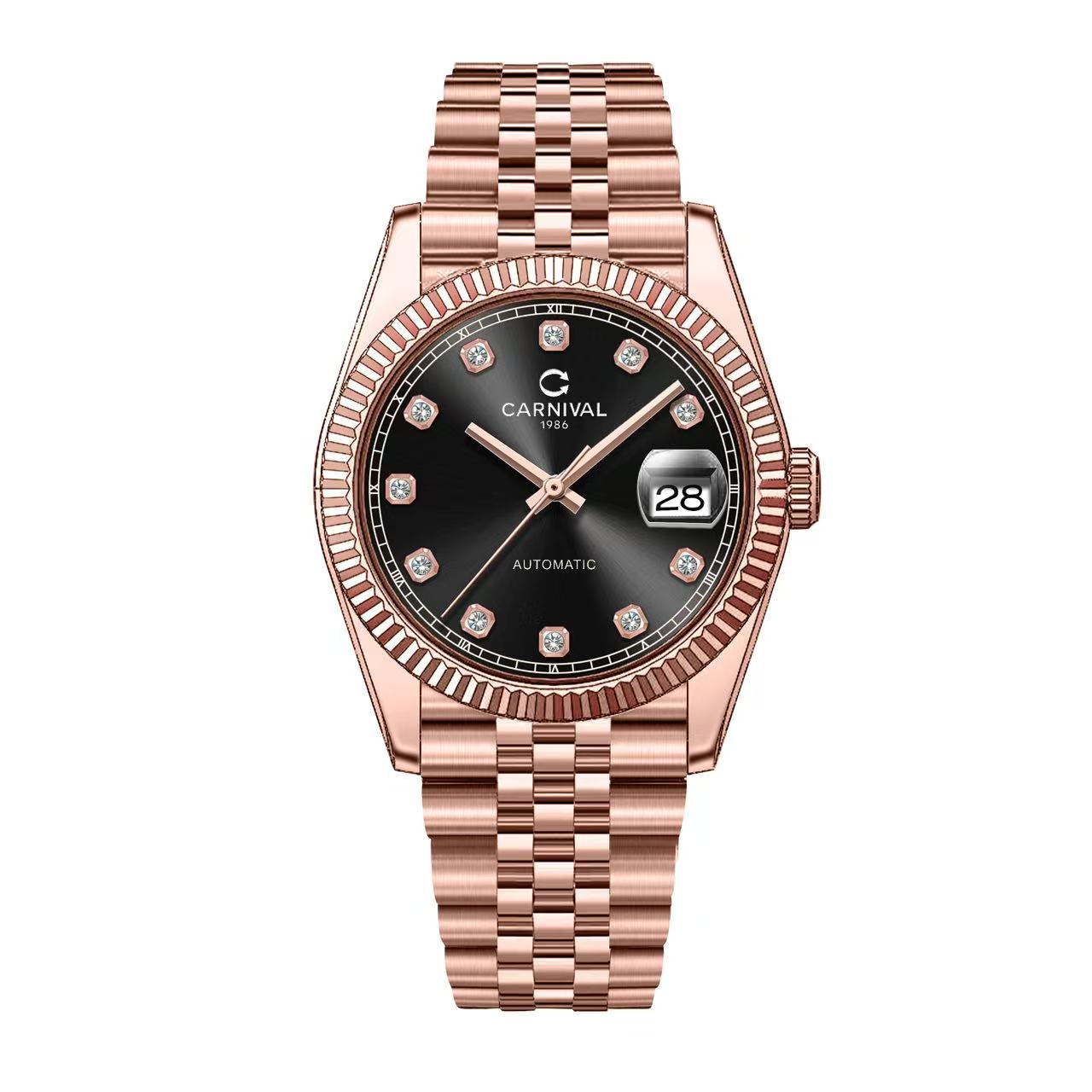 Đồng Hồ Nam Carnival 8250G-VH-D Automatic Dây Thép Màu Vàng Hồng Mặt Đen Size 38mm