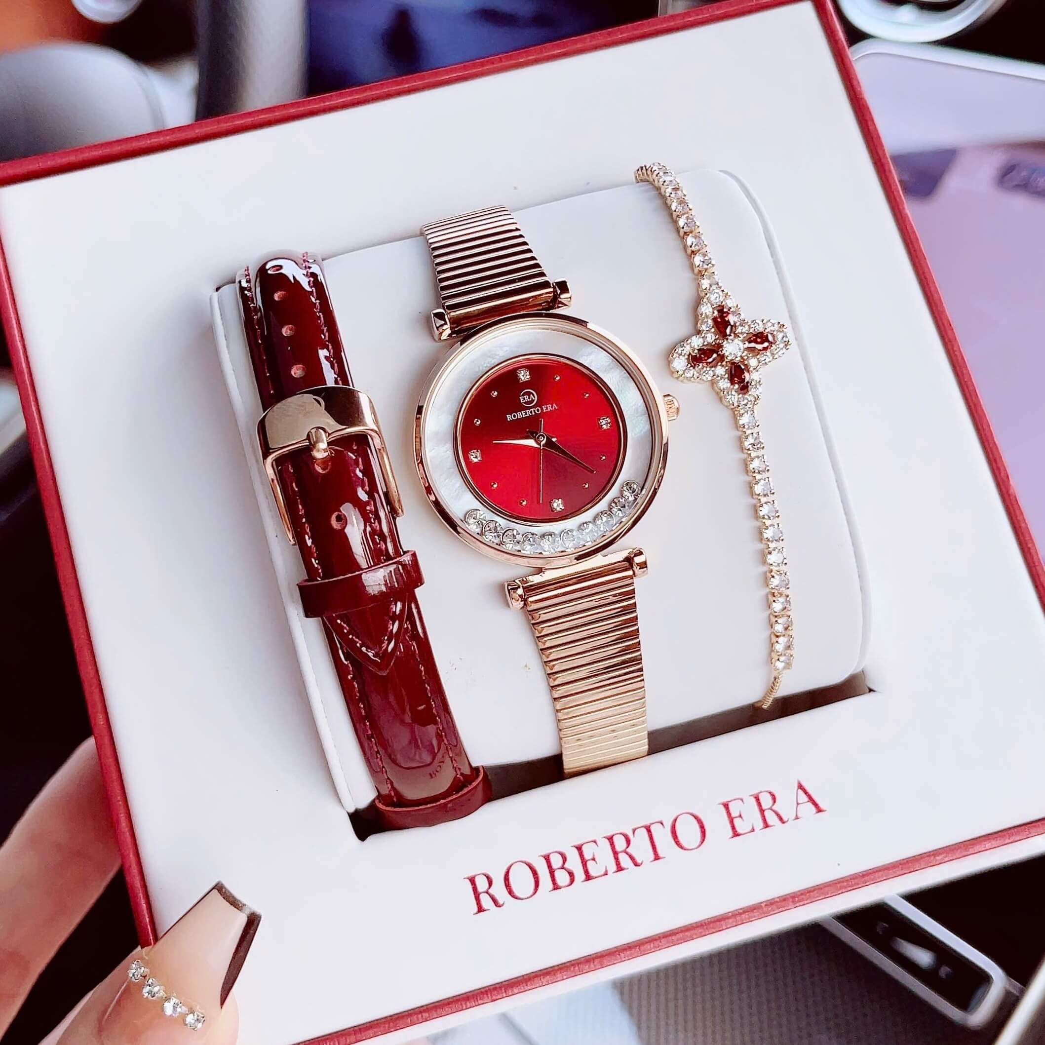 Set đồng hồ nữ chính hãng Roberto Era RE0848 dây da đỏ vỏ rose size 32mm kèm bộ dây kim loại và phụ kiện