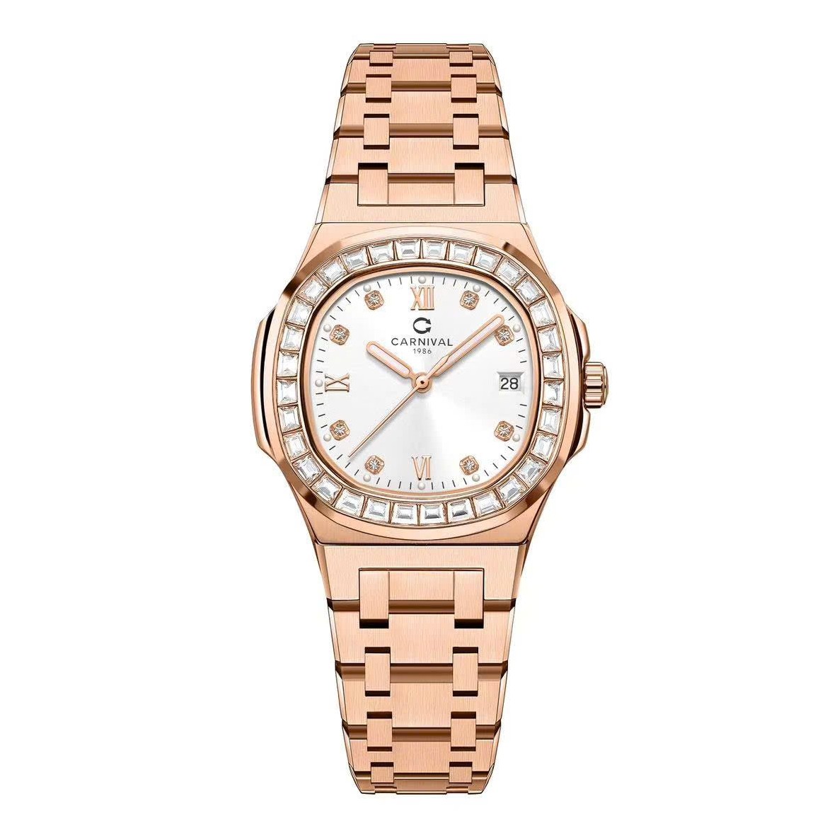 Đồng Hồ Nữ Carnival 8160L2-VH-T Vàng Hồng Mặt Trắng Viền Đá Size 34mm Sapphire