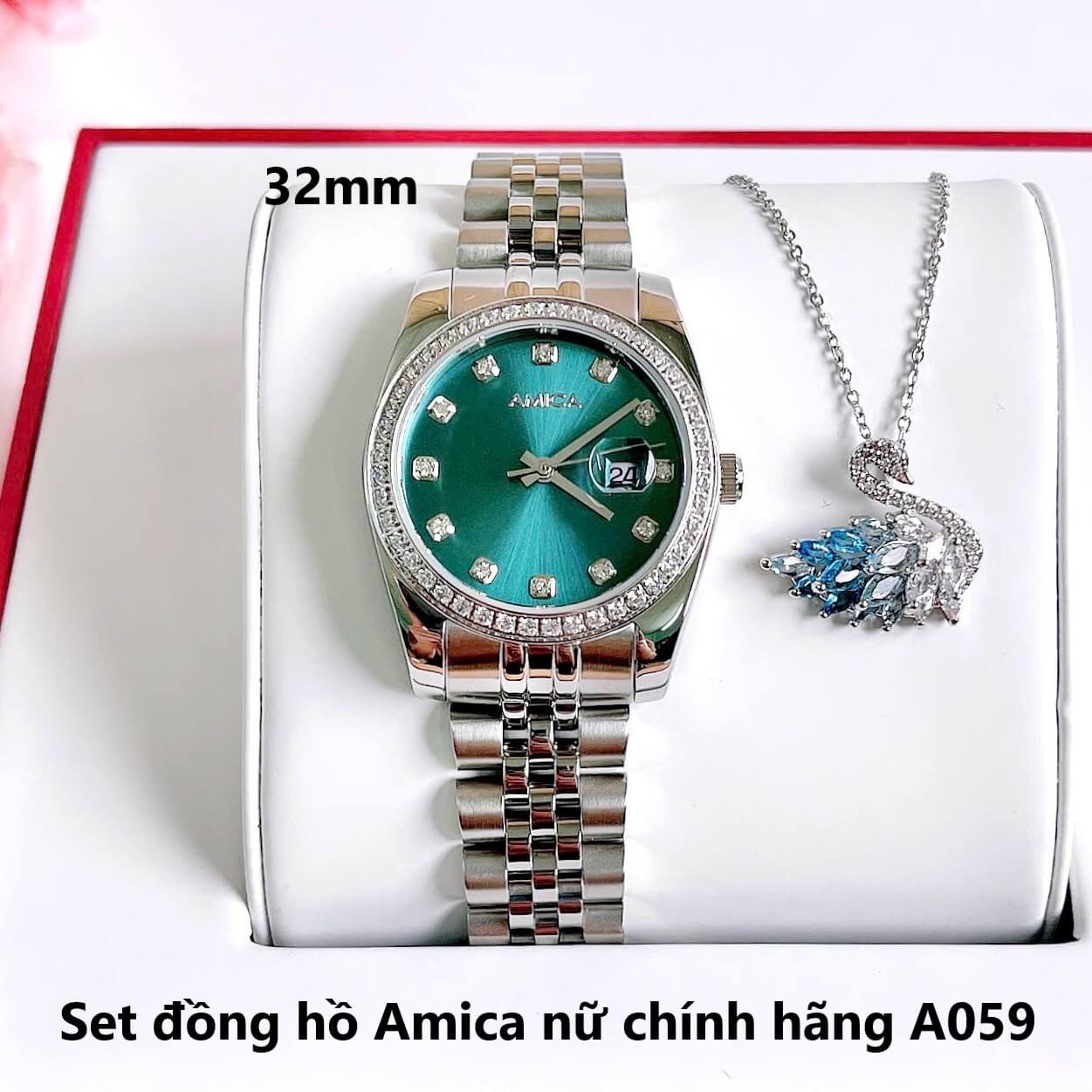 Set đồng hồ nữ Amica chính hãng màu bạc mặt xanh pastel size 32mm - Đồng hồ Amica A059