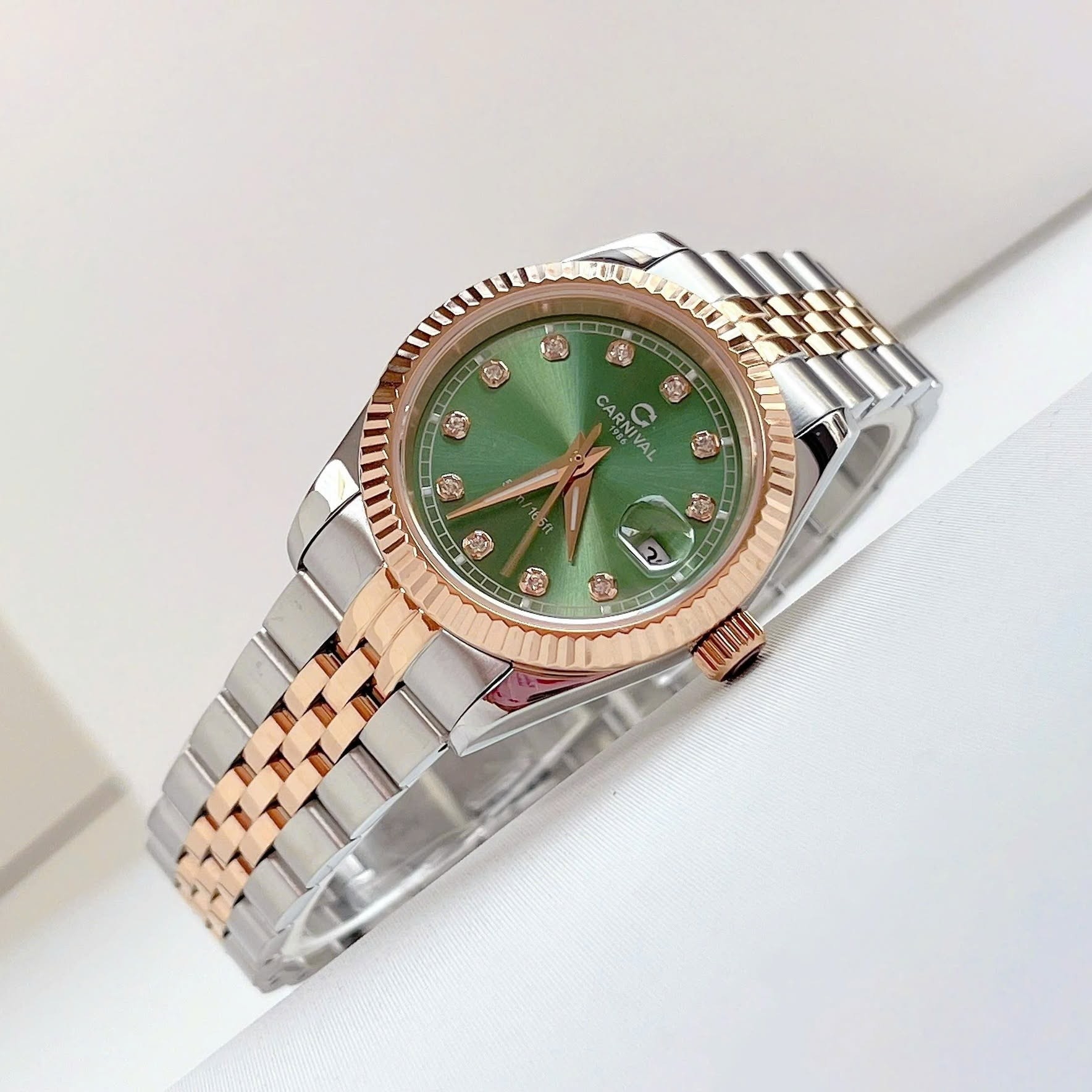Đồng Hồ Nữ Carnival 8131L-CH-XL Demi Vàng Hồng Mặt Xanh Lá Size 30mm Quartz Japan