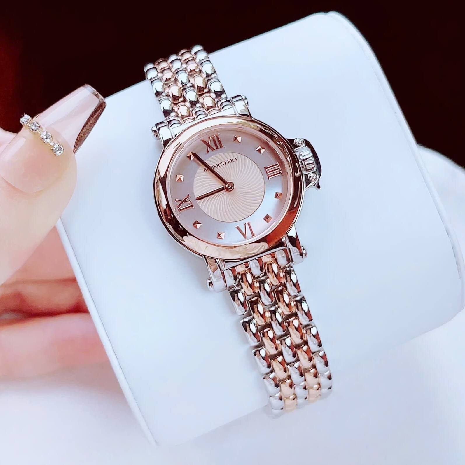 Đồng hồ nữ chính hãng Roberto Era RE2024 dây kim loại demi rose mặt xà cừ hồng size 30mm