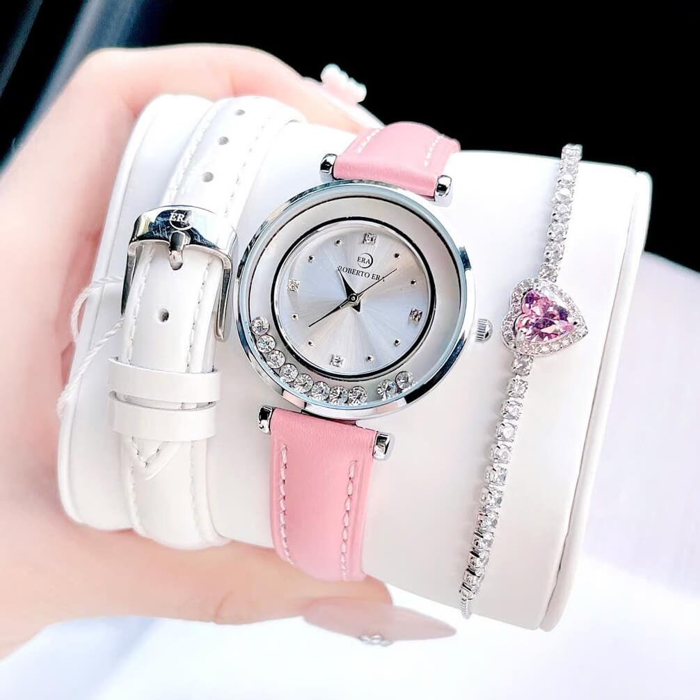 Set đồng hồ nữ chính hãng Roberto Era RE0841 dây da trắng vỏ silver size 32mm, kèm bộ dây da hồng và phụ kiện